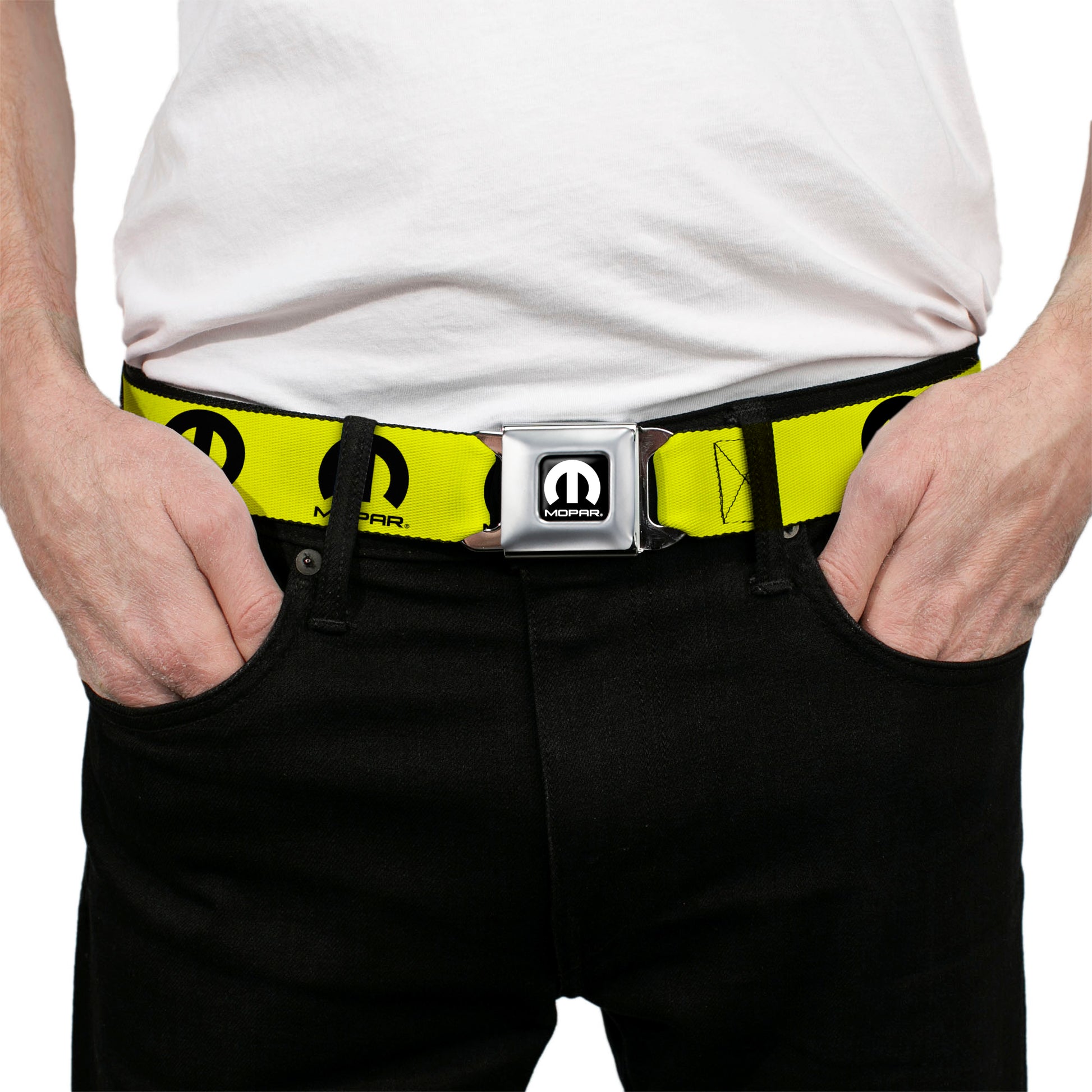 MOPAR Logo Full Color Black/White Seatbelt Belt - MOPAR Logo Repeat Yellow/Black Webbing Seatbelt Belts Mopar