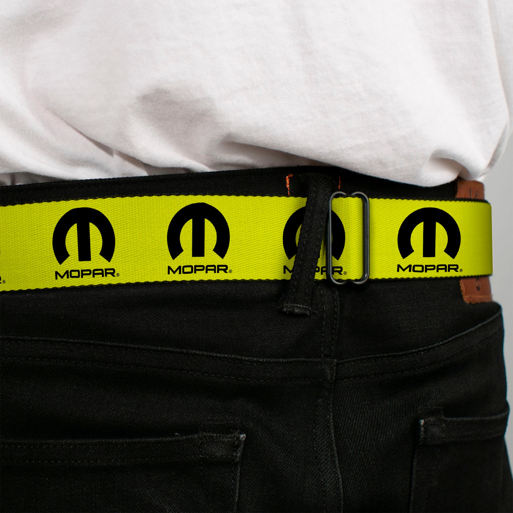 MOPAR Logo Full Color Black/White Seatbelt Belt - MOPAR Logo Repeat Yellow/Black Webbing Seatbelt Belts Mopar