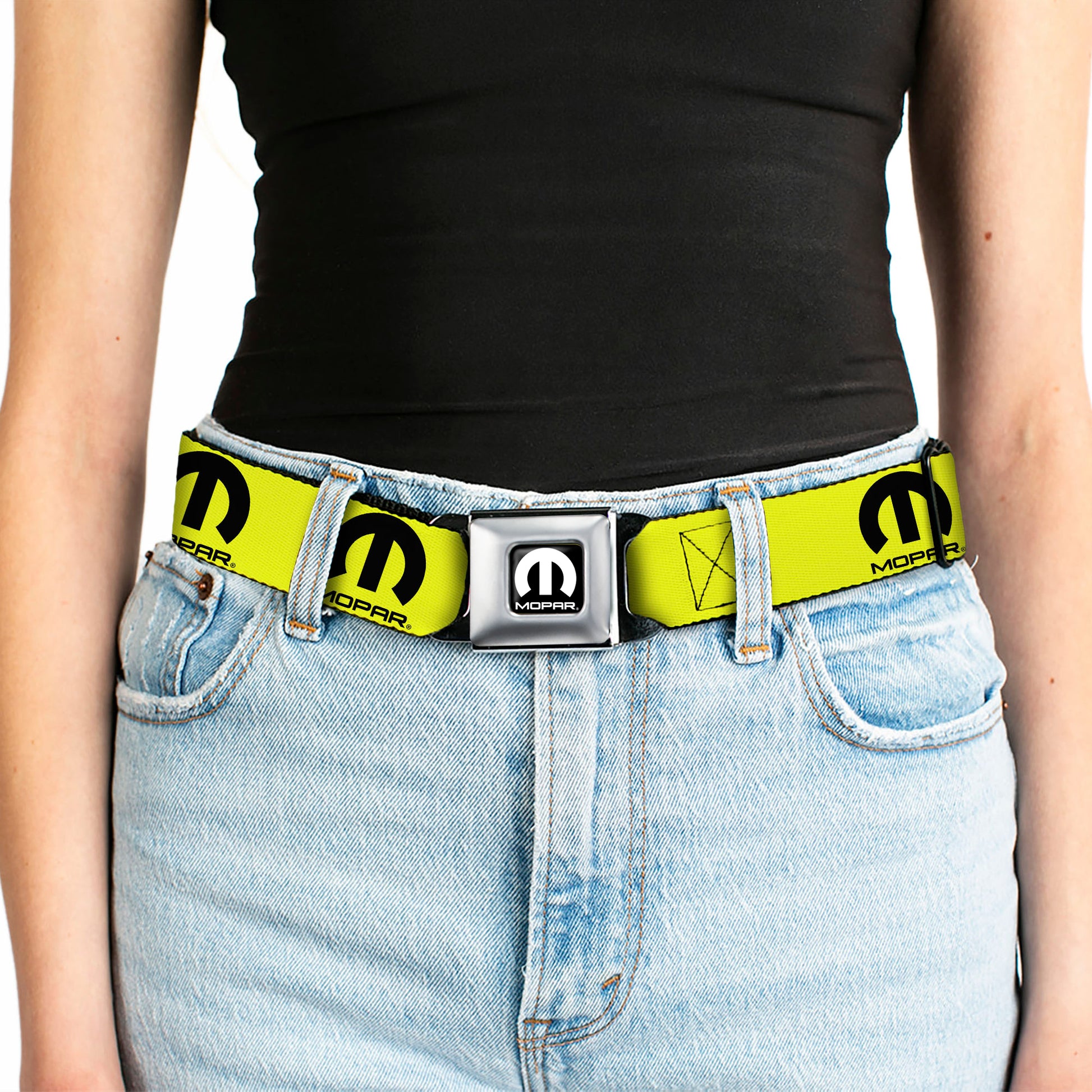 MOPAR Logo Full Color Black/White Seatbelt Belt - MOPAR Logo Repeat Yellow/Black Webbing Seatbelt Belts Mopar