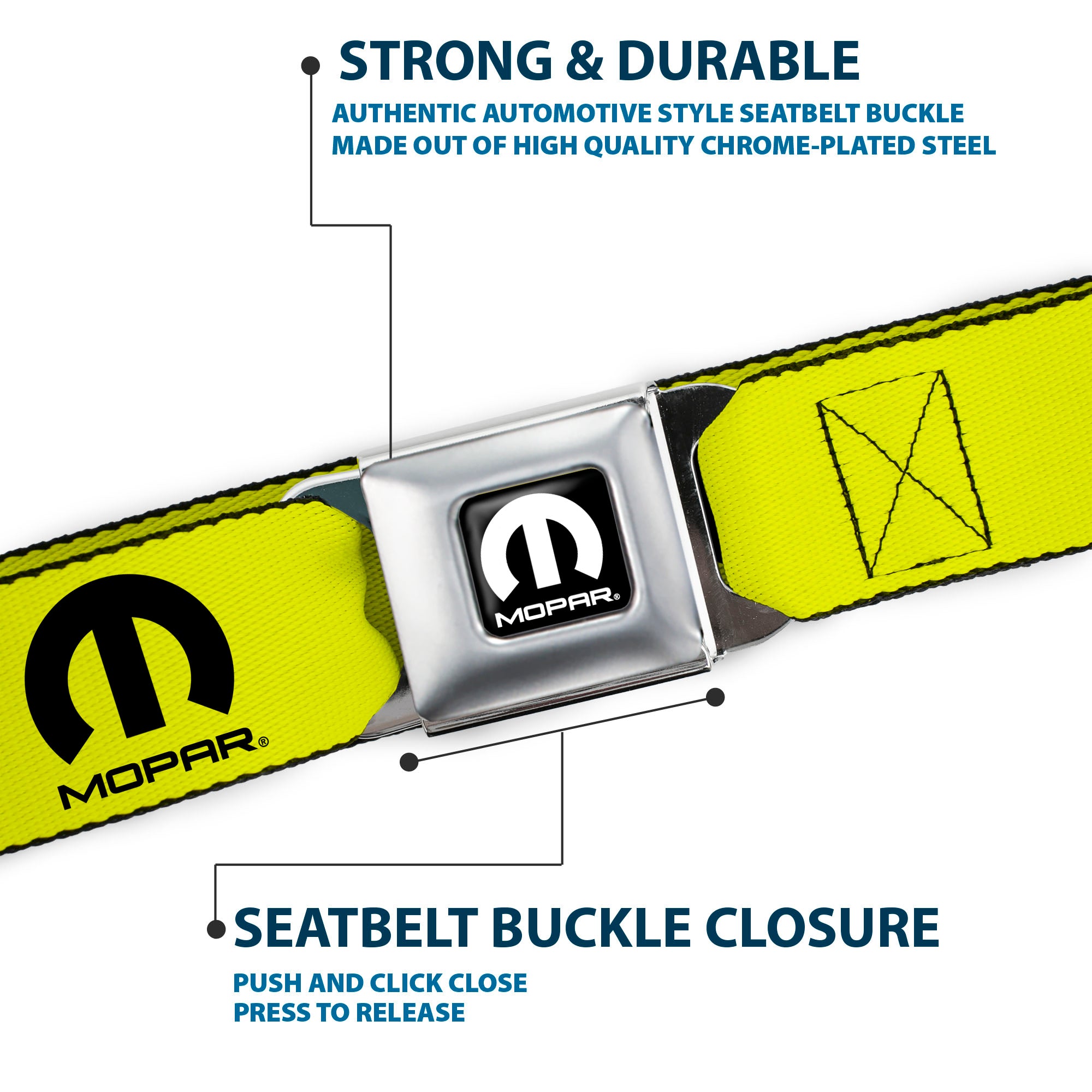 MOPAR Logo Full Color Black/White Seatbelt Belt - MOPAR Logo Repeat Yellow/Black Webbing Seatbelt Belts Mopar