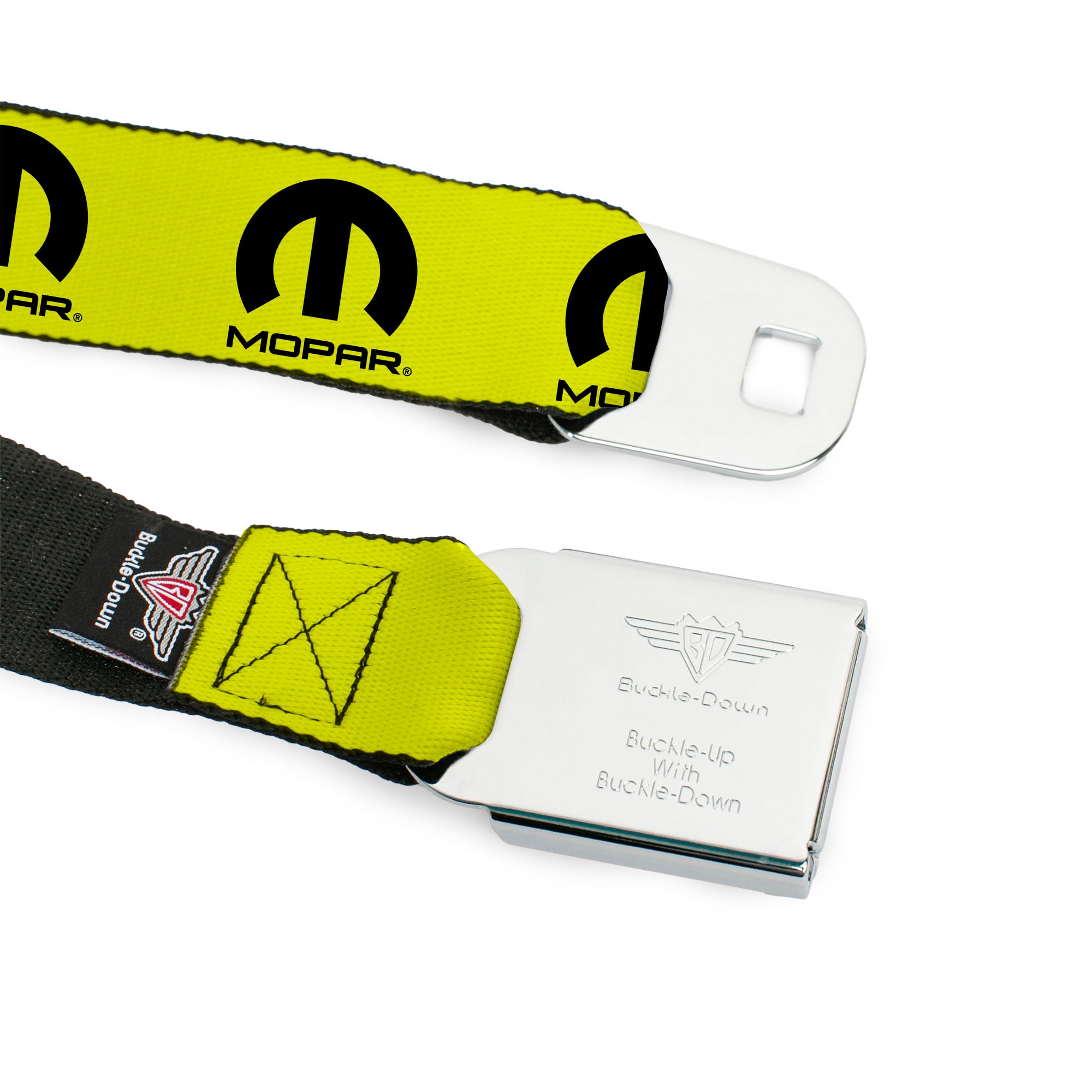 MOPAR Logo Full Color Black/White Seatbelt Belt - MOPAR Logo Repeat Yellow/Black Webbing Seatbelt Belts Mopar