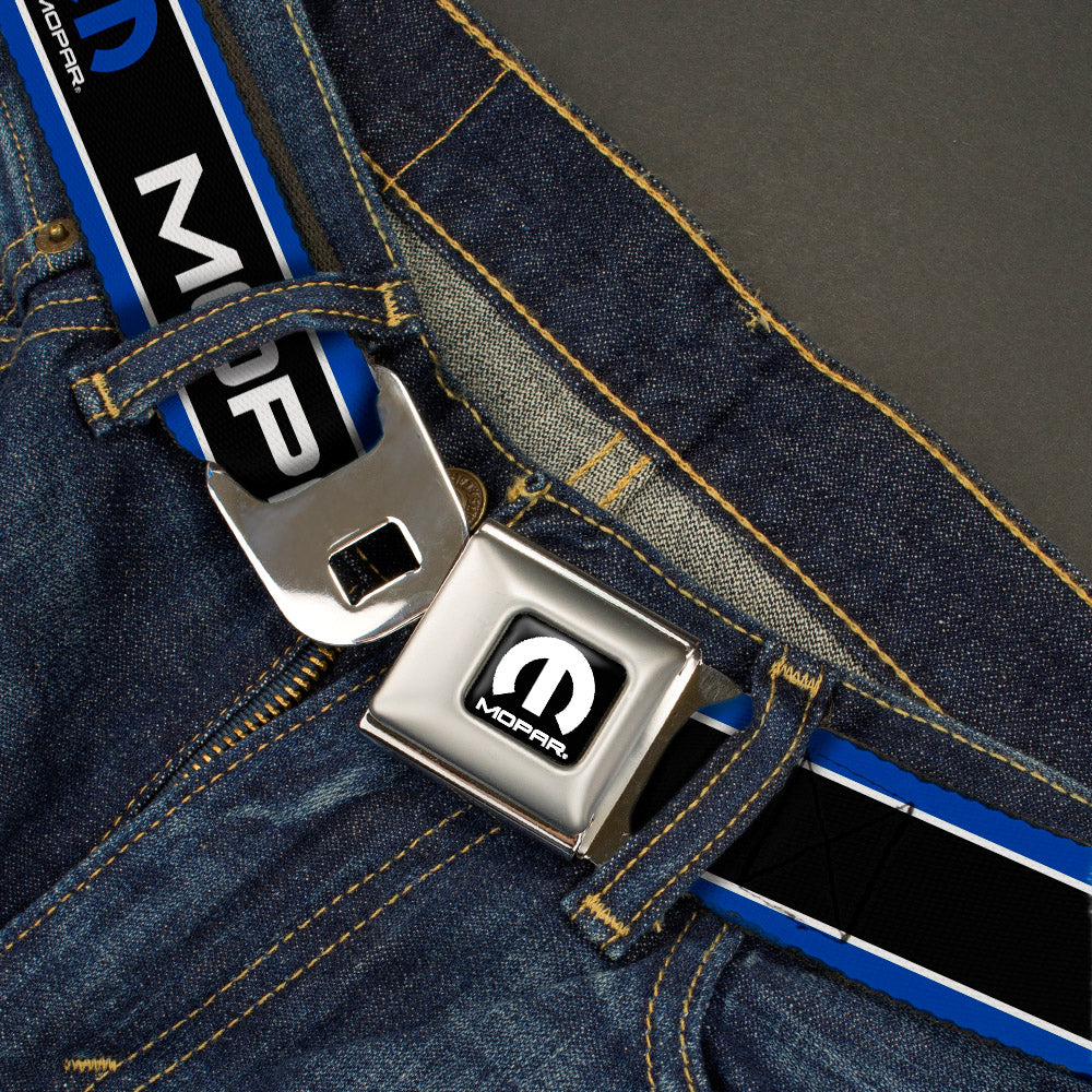 MOPAR Logo Full Color Black White Seatbelt Belt - MOPAR Text/Logo/Stripe Blue/White/Black Webbing Seatbelt Belts Mopar