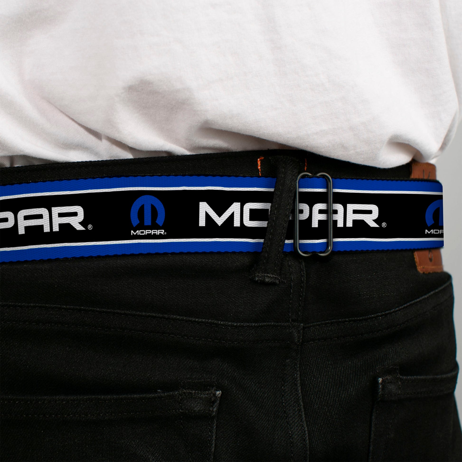 MOPAR Logo Full Color Black White Seatbelt Belt - MOPAR Text/Logo/Stripe Blue/White/Black Webbing Seatbelt Belts Mopar