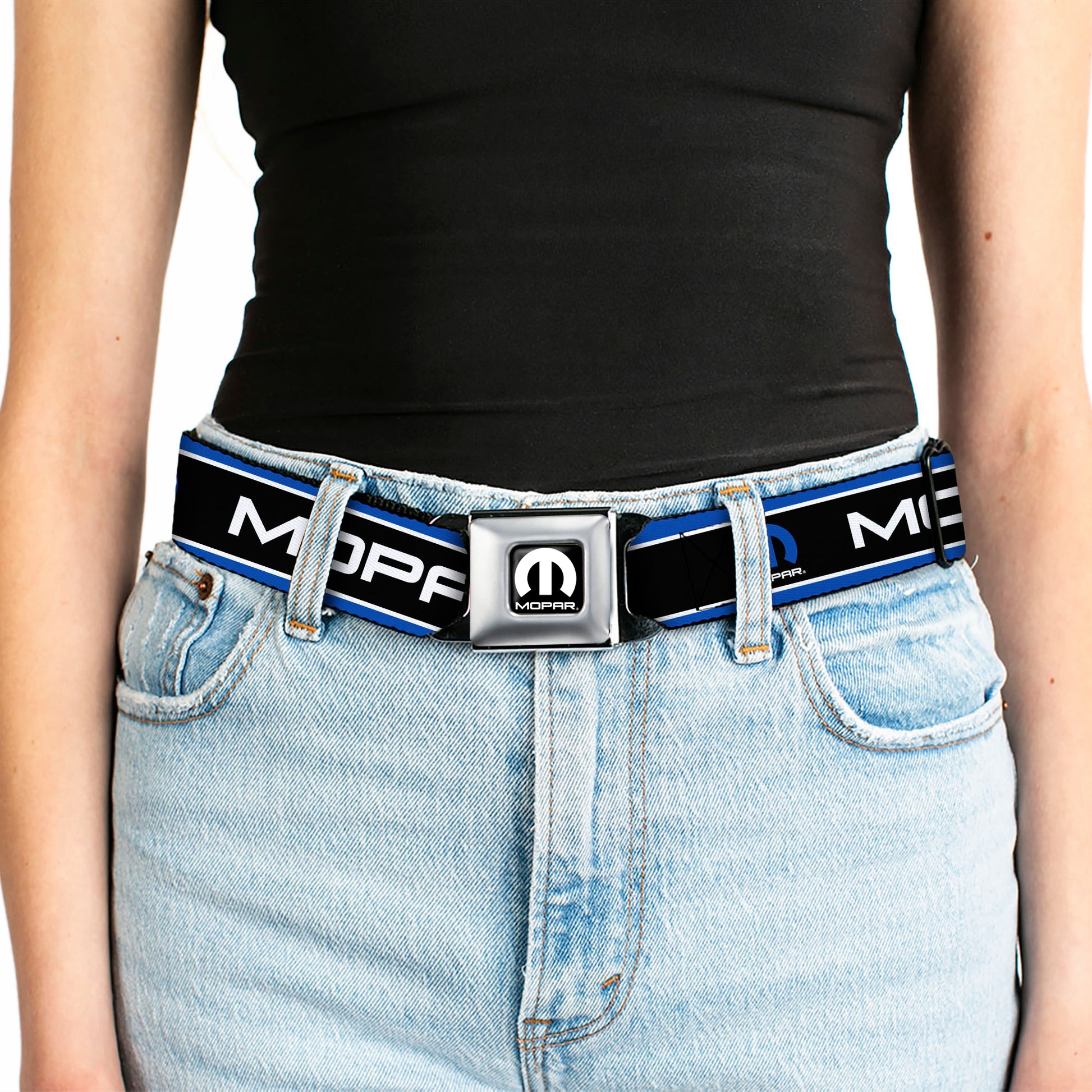 MOPAR Logo Full Color Black White Seatbelt Belt - MOPAR Text/Logo/Stripe Blue/White/Black Webbing Seatbelt Belts Mopar