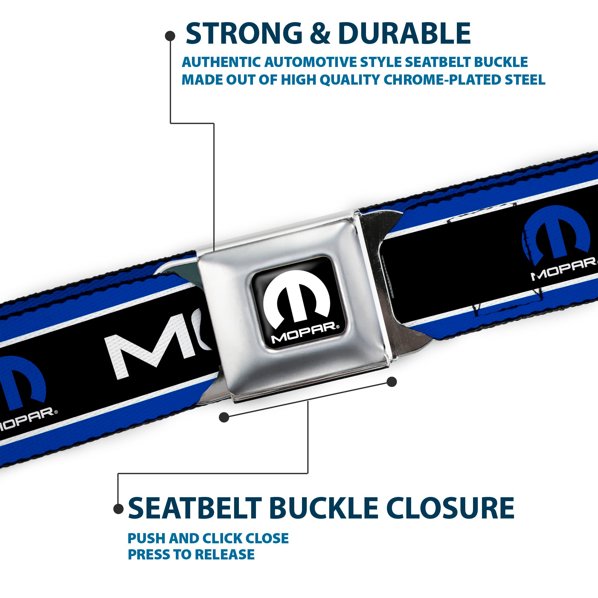 MOPAR Logo Full Color Black White Seatbelt Belt - MOPAR Text/Logo/Stripe Blue/White/Black Webbing Seatbelt Belts Mopar