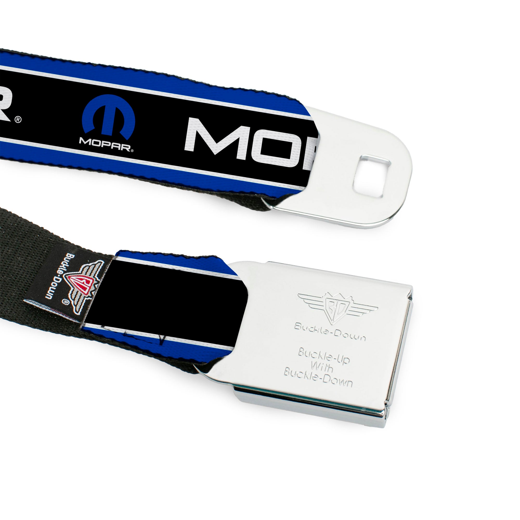 MOPAR Logo Full Color Black White Seatbelt Belt - MOPAR Text/Logo/Stripe Blue/White/Black Webbing Seatbelt Belts Mopar