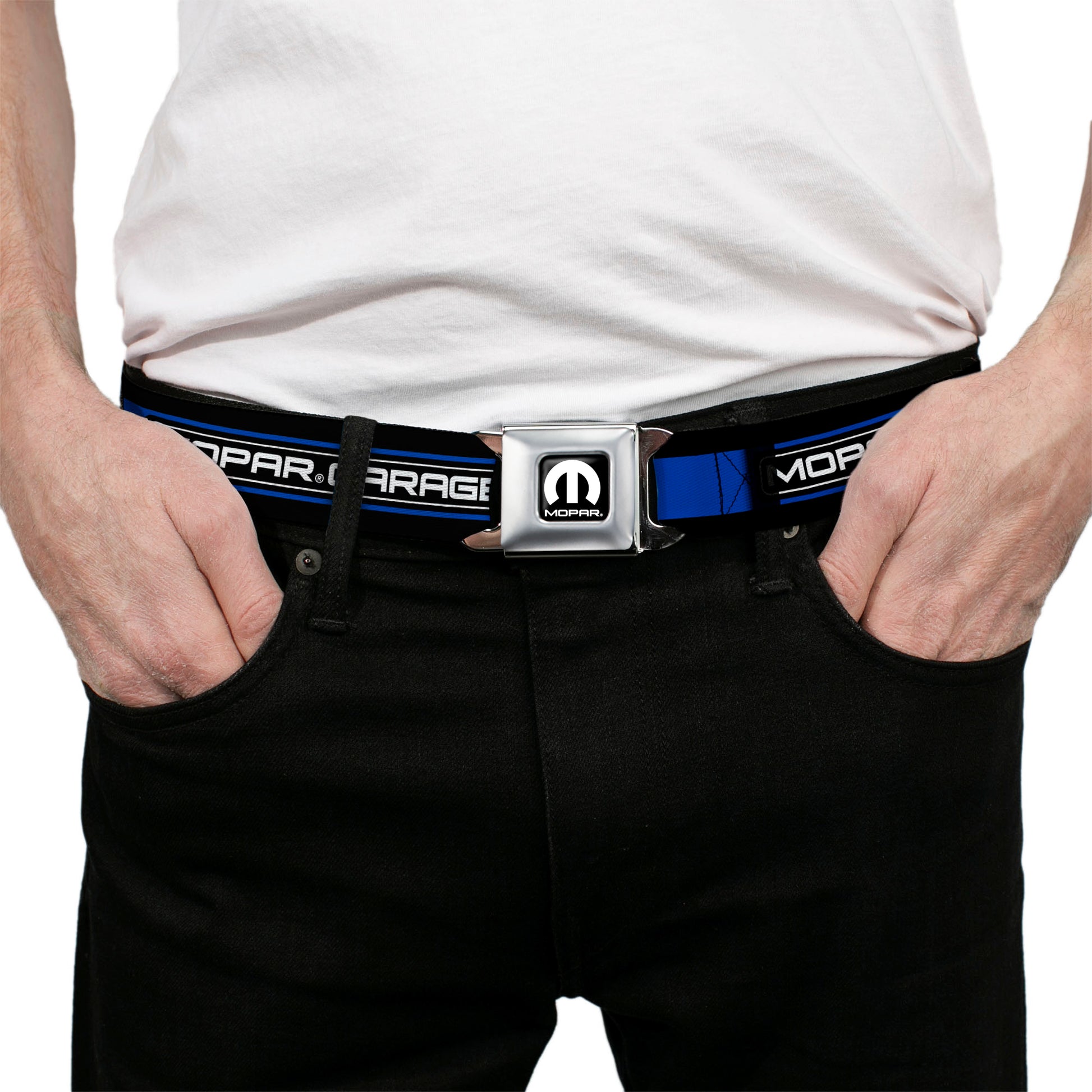 MOPAR Logo Full Color Black White Seatbelt Belt - MOPAR GARAGE Checker Logo/Stripe Black/Blue/White Webbing Seatbelt Belts Mopar