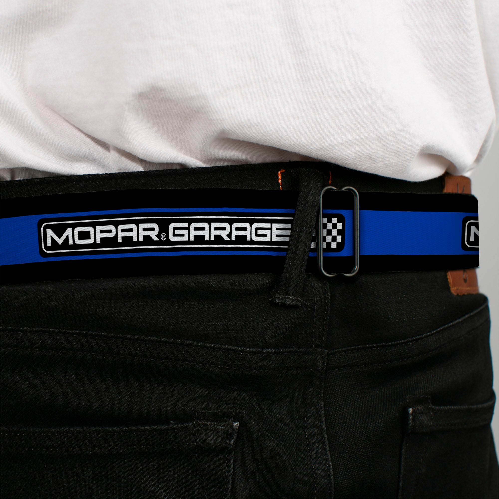 MOPAR Logo Full Color Black White Seatbelt Belt - MOPAR GARAGE Checker Logo/Stripe Black/Blue/White Webbing Seatbelt Belts Mopar