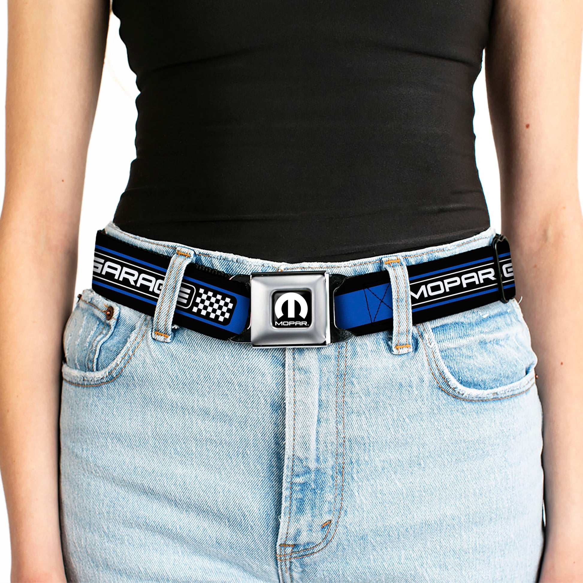 MOPAR Logo Full Color Black White Seatbelt Belt - MOPAR GARAGE Checker Logo/Stripe Black/Blue/White Webbing Seatbelt Belts Mopar