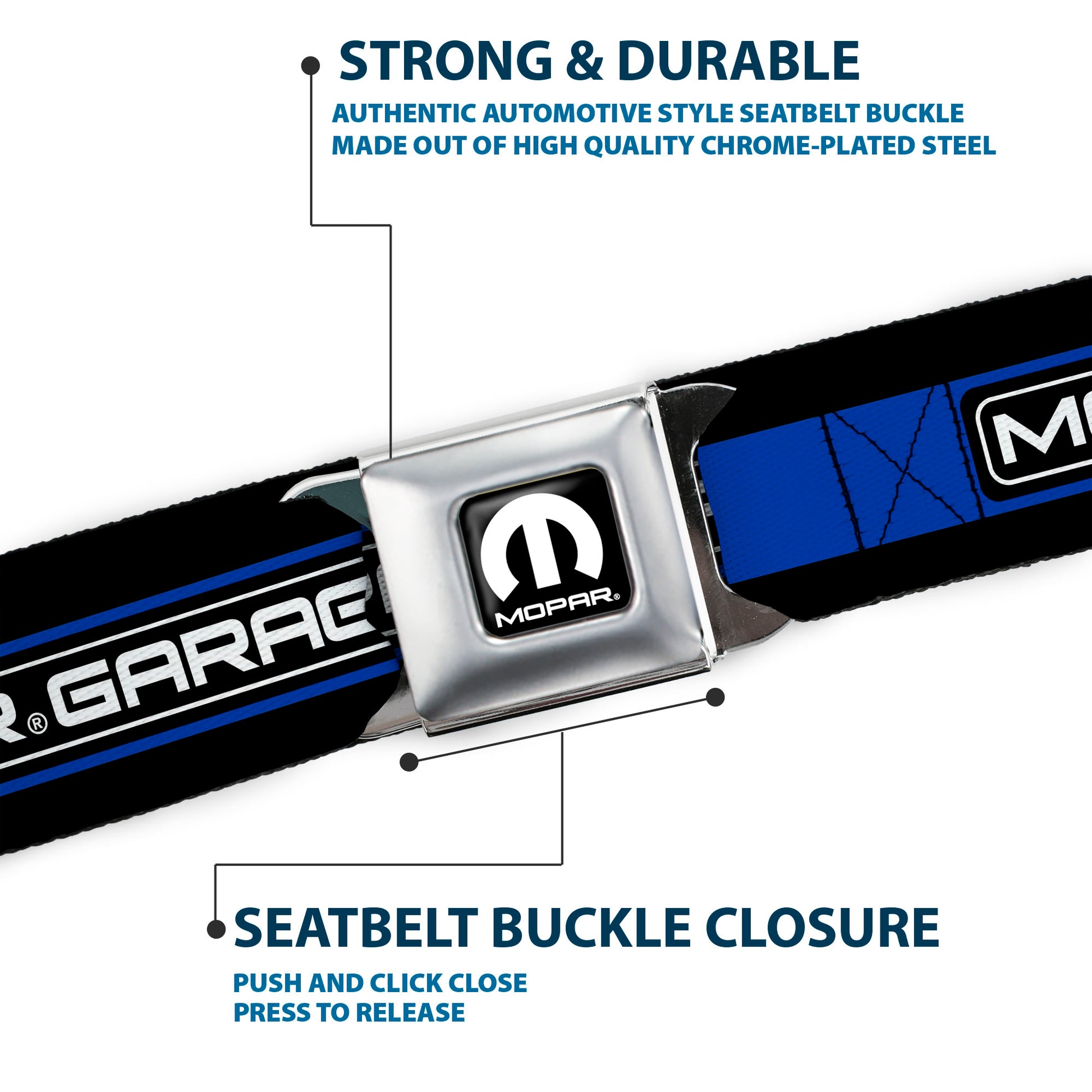 MOPAR Logo Full Color Black White Seatbelt Belt - MOPAR GARAGE Checker Logo/Stripe Black/Blue/White Webbing Seatbelt Belts Mopar