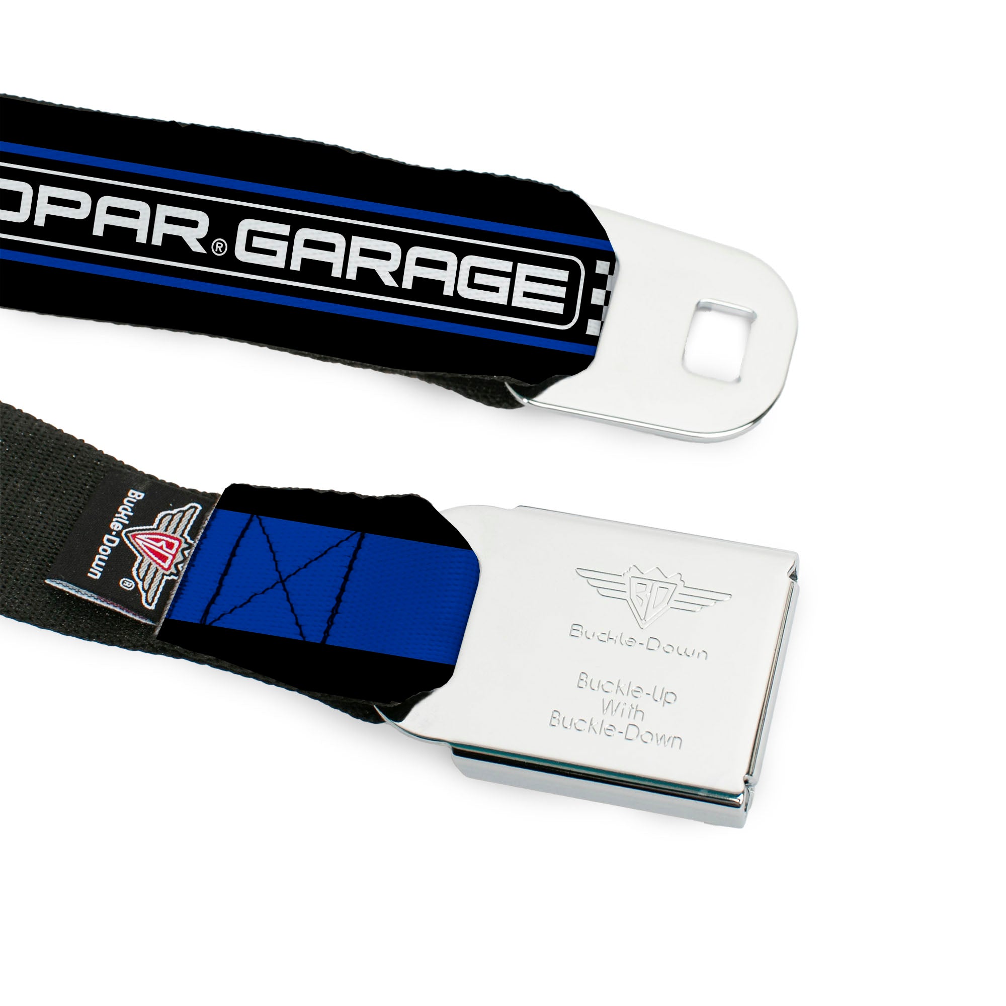 MOPAR Logo Full Color Black White Seatbelt Belt - MOPAR GARAGE Checker Logo/Stripe Black/Blue/White Webbing Seatbelt Belts Mopar