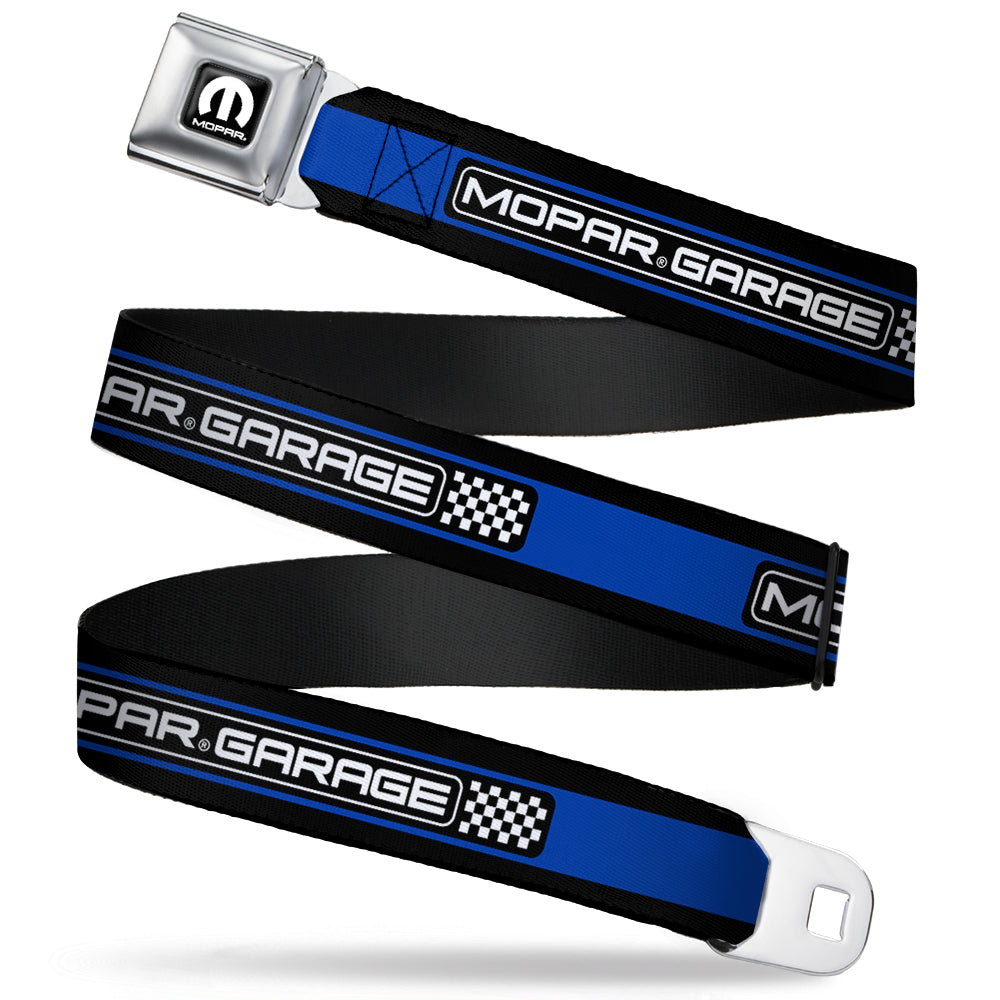 MOPAR Logo Full Color Black White Seatbelt Belt - MOPAR GARAGE Checker Logo/Stripe Black/Blue/White Webbing Seatbelt Belts Mopar