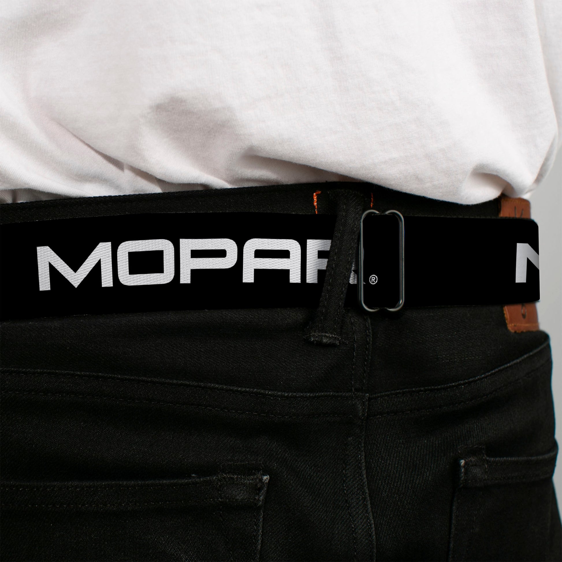 MOPAR Logo Full Color Black White Seatbelt Belt - MOPAR Text Black/White Webbing Seatbelt Belts Mopar