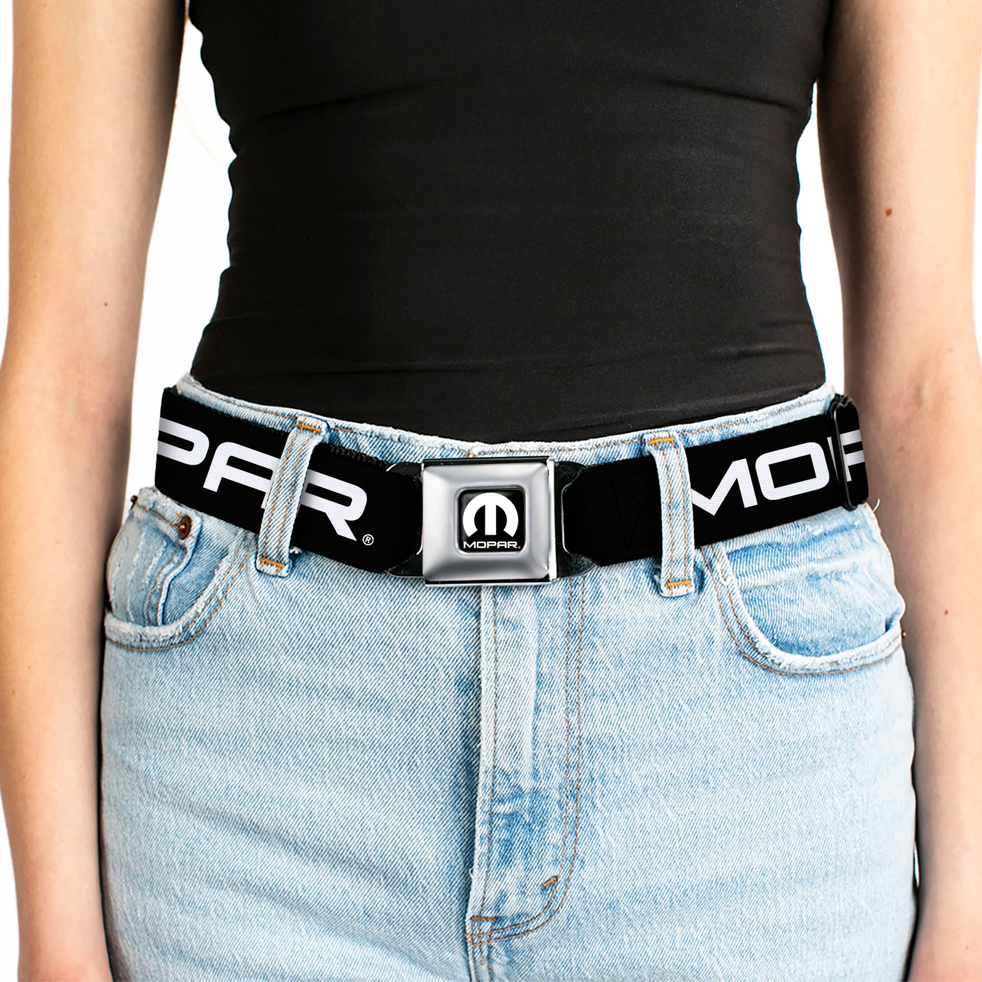 MOPAR Logo Full Color Black White Seatbelt Belt - MOPAR Text Black/White Webbing Seatbelt Belts Mopar