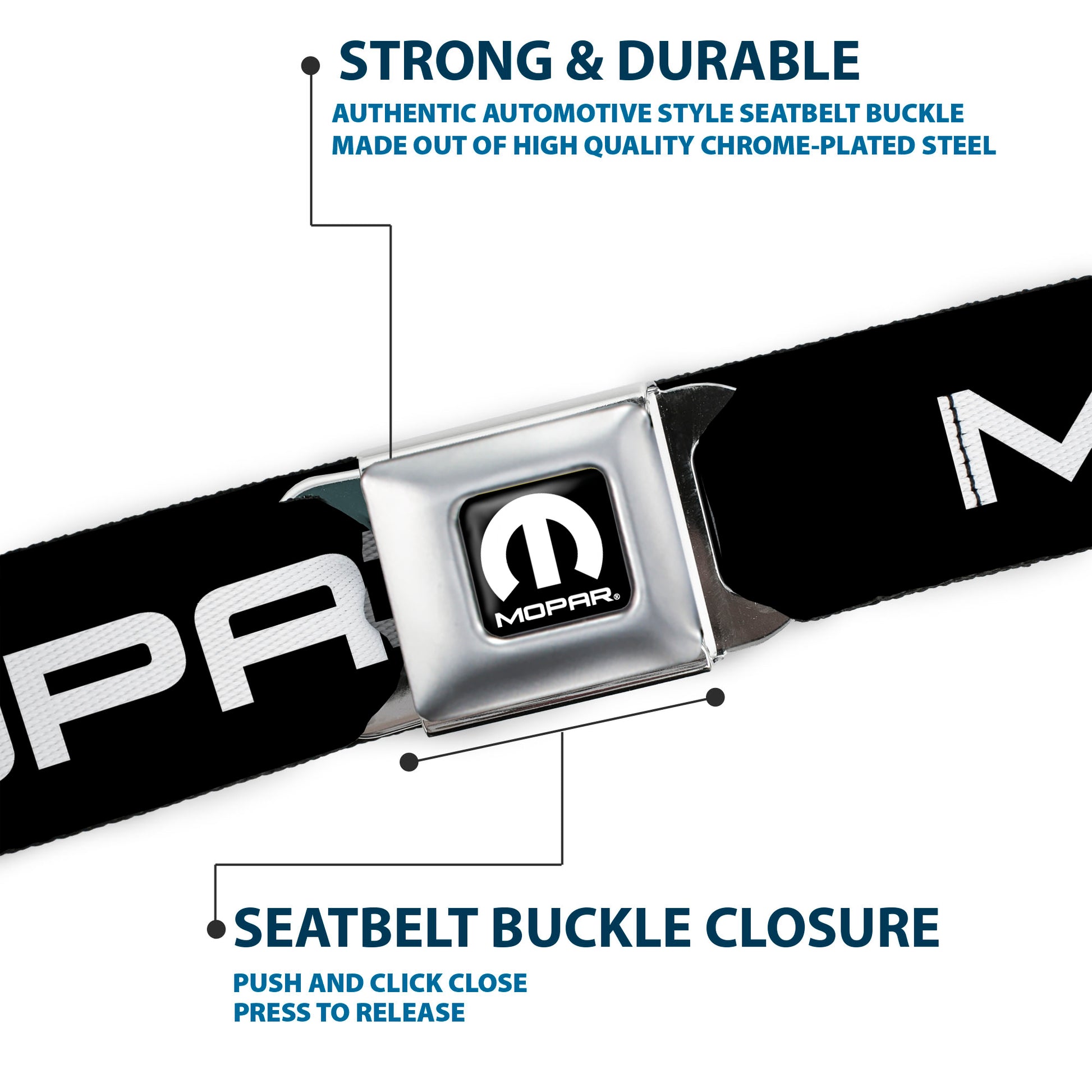 MOPAR Logo Full Color Black White Seatbelt Belt - MOPAR Text Black/White Webbing Seatbelt Belts Mopar
