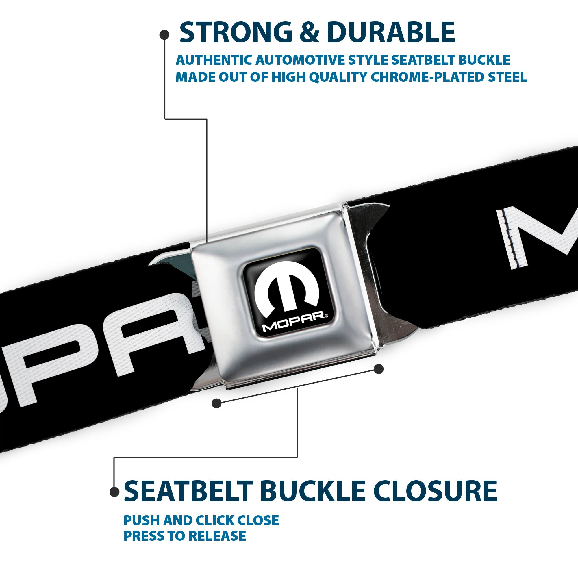 MOPAR Logo Full Color Black White Seatbelt Belt - MOPAR Text Black/White Webbing Seatbelt Belts Mopar