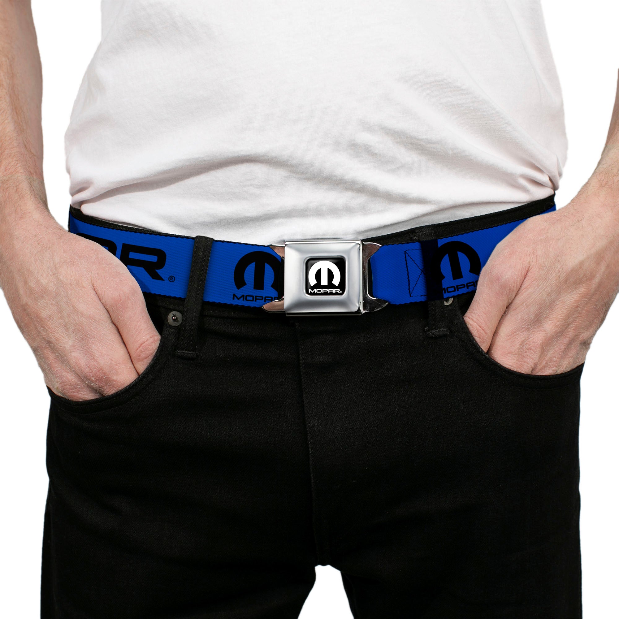 MOPAR Logo Full Color Black White Seatbelt Belt - MOPAR Text/Logo Blue/Black Webbing Seatbelt Belts Mopar