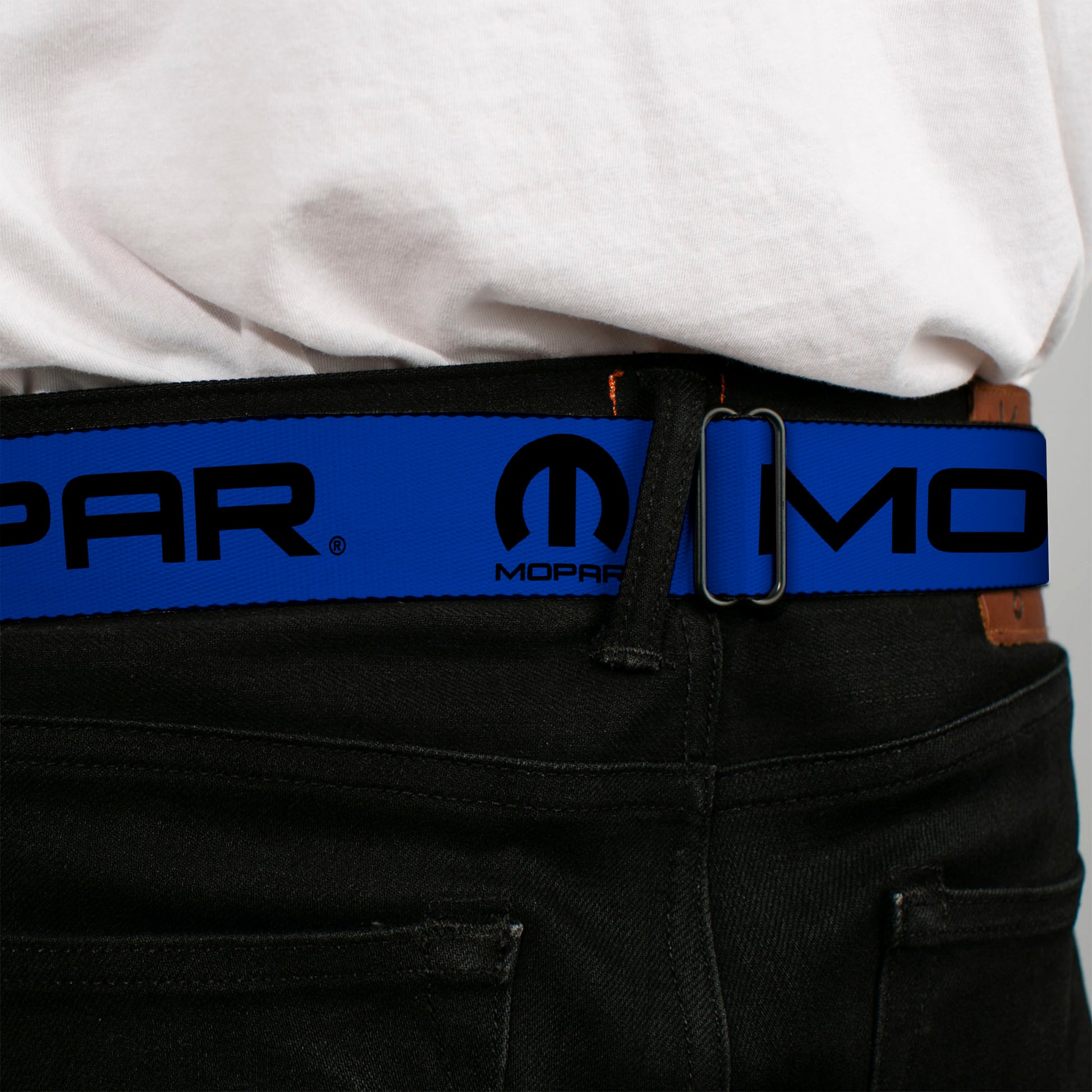 MOPAR Logo Full Color Black White Seatbelt Belt - MOPAR Text/Logo Blue/Black Webbing Seatbelt Belts Mopar