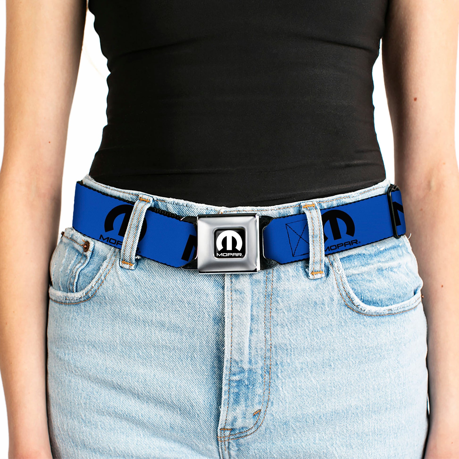 MOPAR Logo Full Color Black White Seatbelt Belt - MOPAR Text/Logo Blue/Black Webbing Seatbelt Belts Mopar