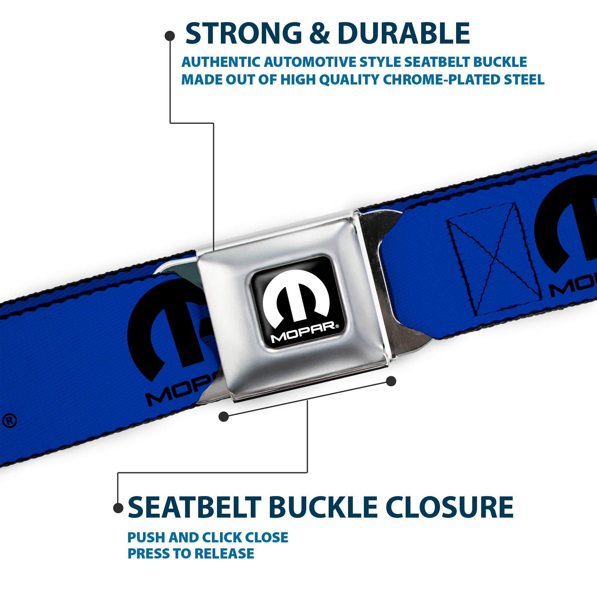 MOPAR Logo Full Color Black White Seatbelt Belt - MOPAR Text/Logo Blue/Black Webbing Seatbelt Belts Mopar