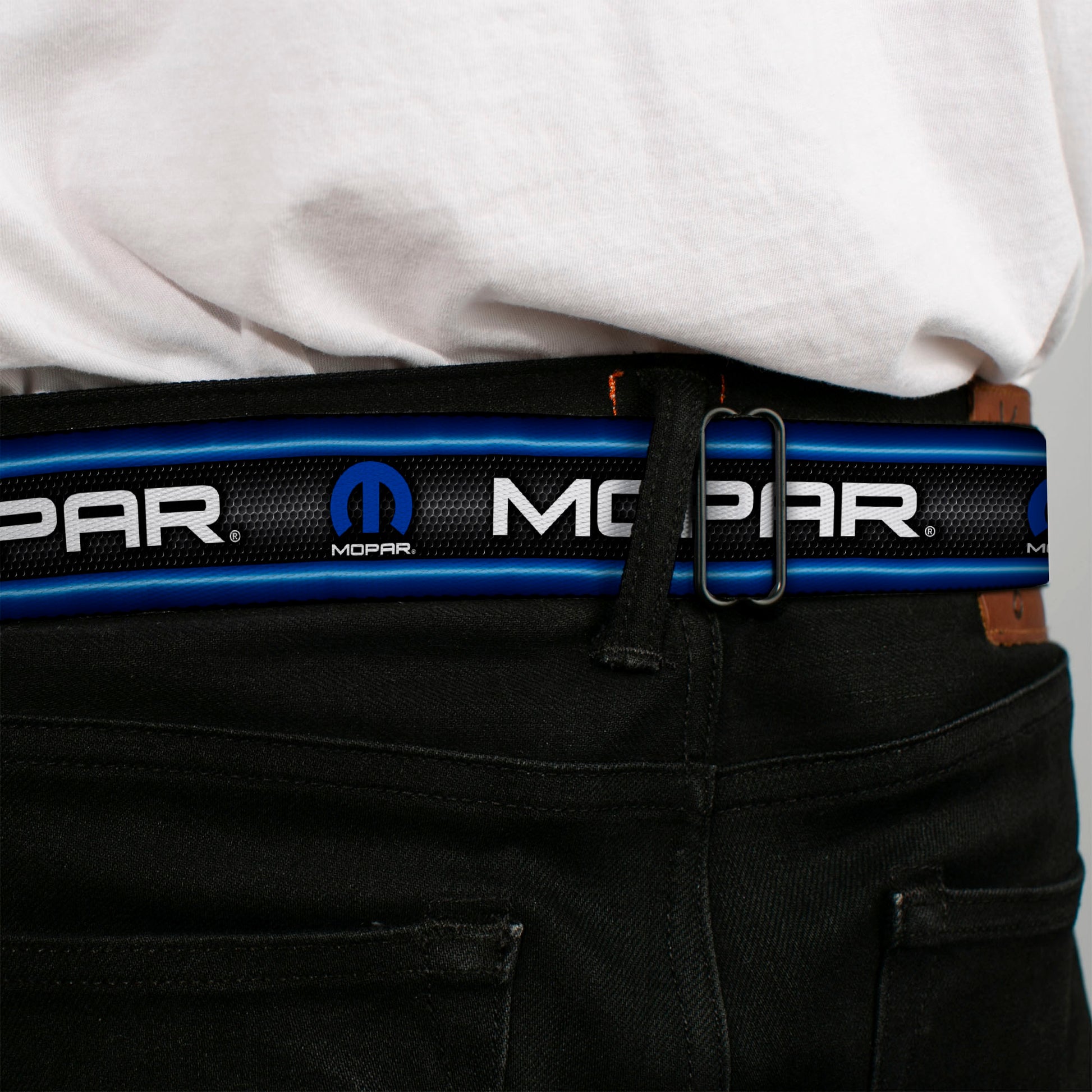 MOPAR Logo Full Color Black White Seatbelt Belt - MOPAR Text/Logo/Stripe/Grill Black/Grays/Blue Glow/White Webbing Seatbelt Belts Mopar