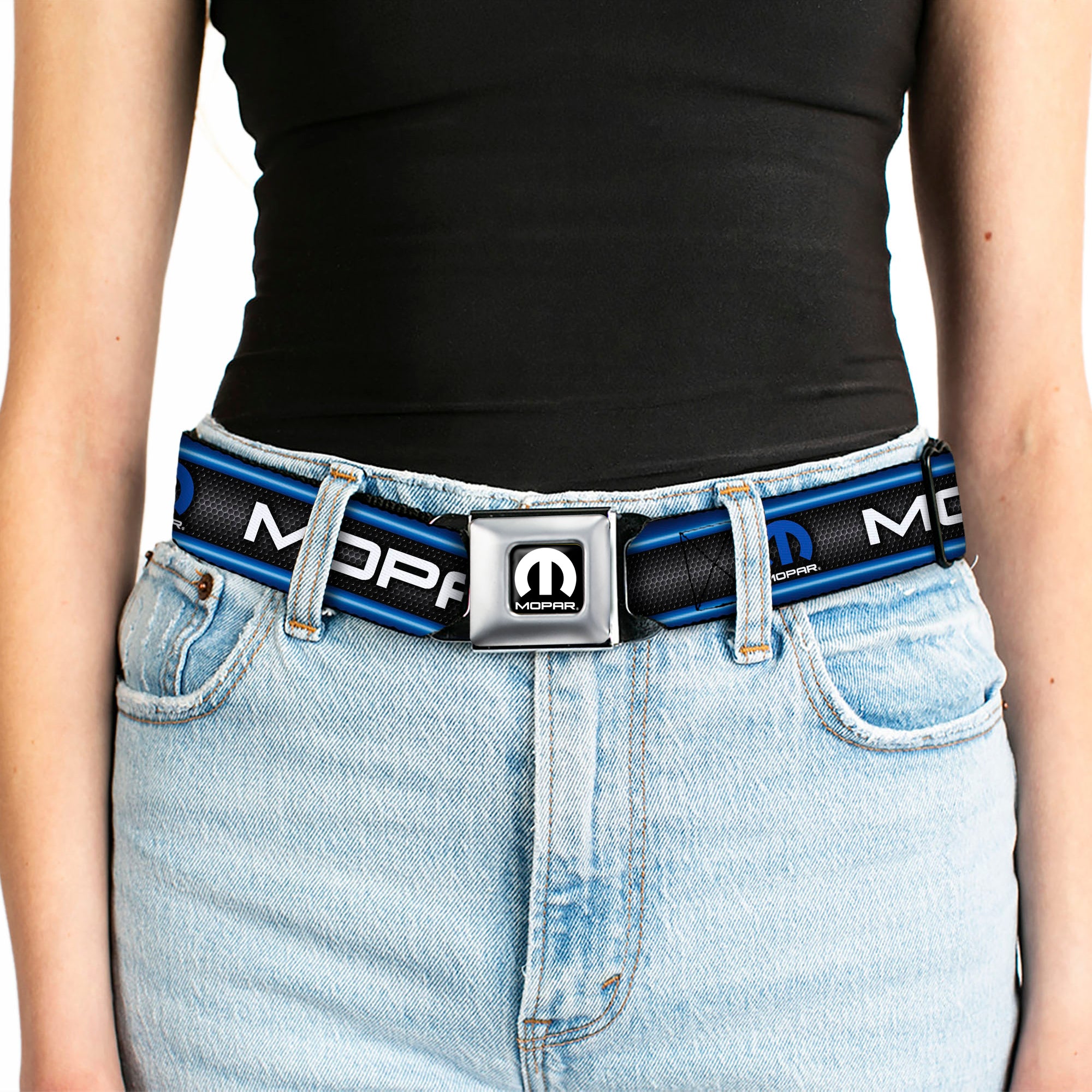 MOPAR Logo Full Color Black White Seatbelt Belt - MOPAR Text/Logo/Stripe/Grill Black/Grays/Blue Glow/White Webbing Seatbelt Belts Mopar