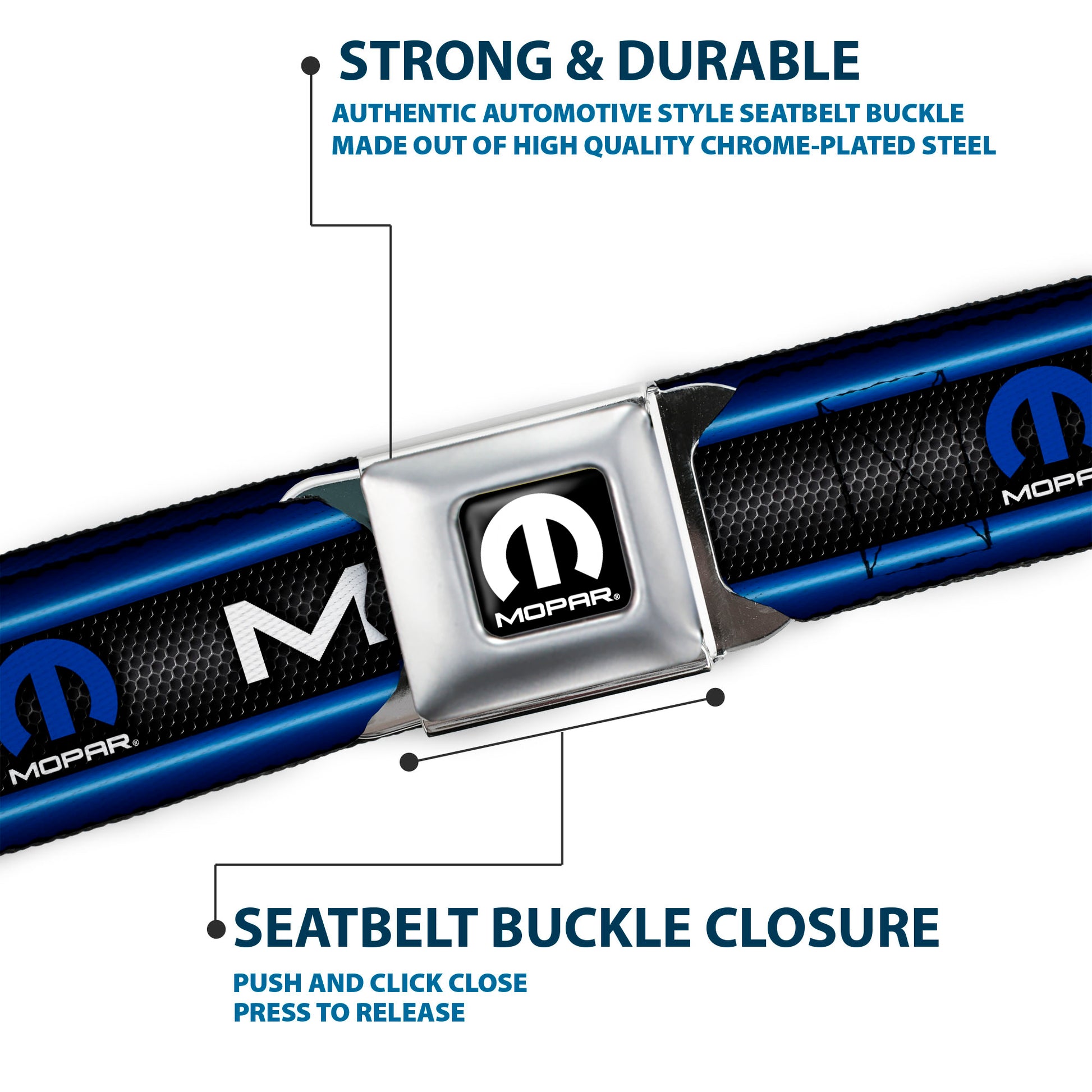 MOPAR Logo Full Color Black White Seatbelt Belt - MOPAR Text/Logo/Stripe/Grill Black/Grays/Blue Glow/White Webbing Seatbelt Belts Mopar
