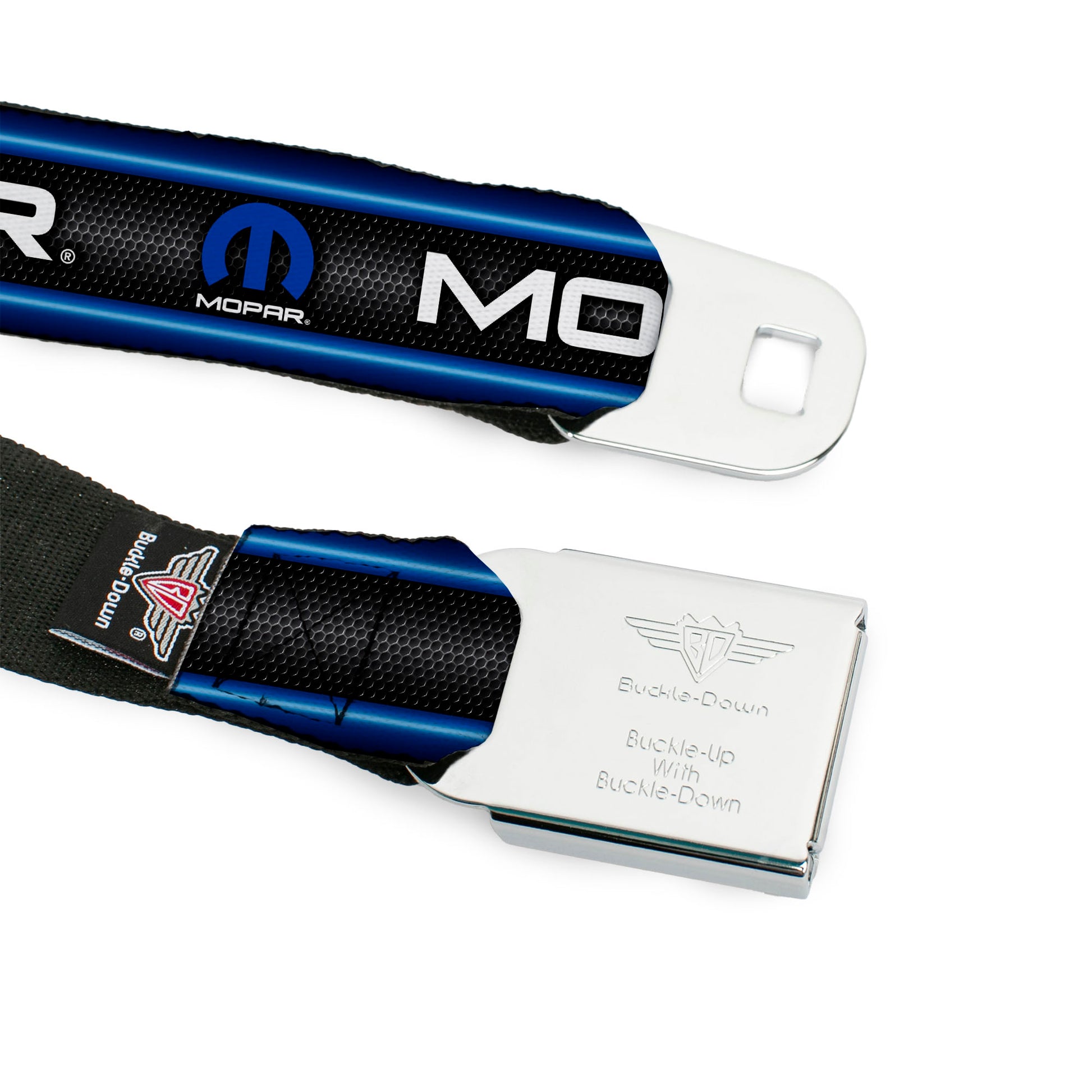 MOPAR Logo Full Color Black White Seatbelt Belt - MOPAR Text/Logo/Stripe/Grill Black/Grays/Blue Glow/White Webbing Seatbelt Belts Mopar