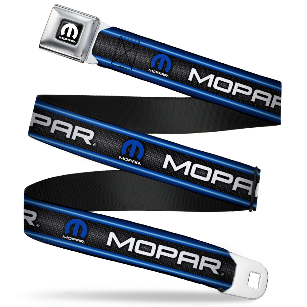 MOPAR Logo Full Color Black White Seatbelt Belt - MOPAR Text/Logo/Stripe/Grill Black/Grays/Blue Glow/White Webbing Seatbelt Belts Mopar