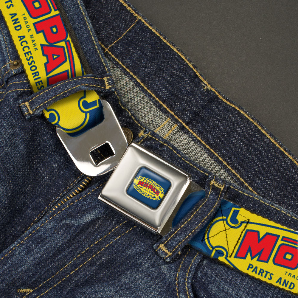 MOPAR 1937-1947 Logo Full Color Blue/Yellow/Red Seatbelt Belt - MOPAR 1937-1947 Logo-USE CHRYSLER ENGINEERED MOPAR PARTS AND ACCESSORIES Blue/Yellow/Red Webbing Seatbelt Belts Mopar