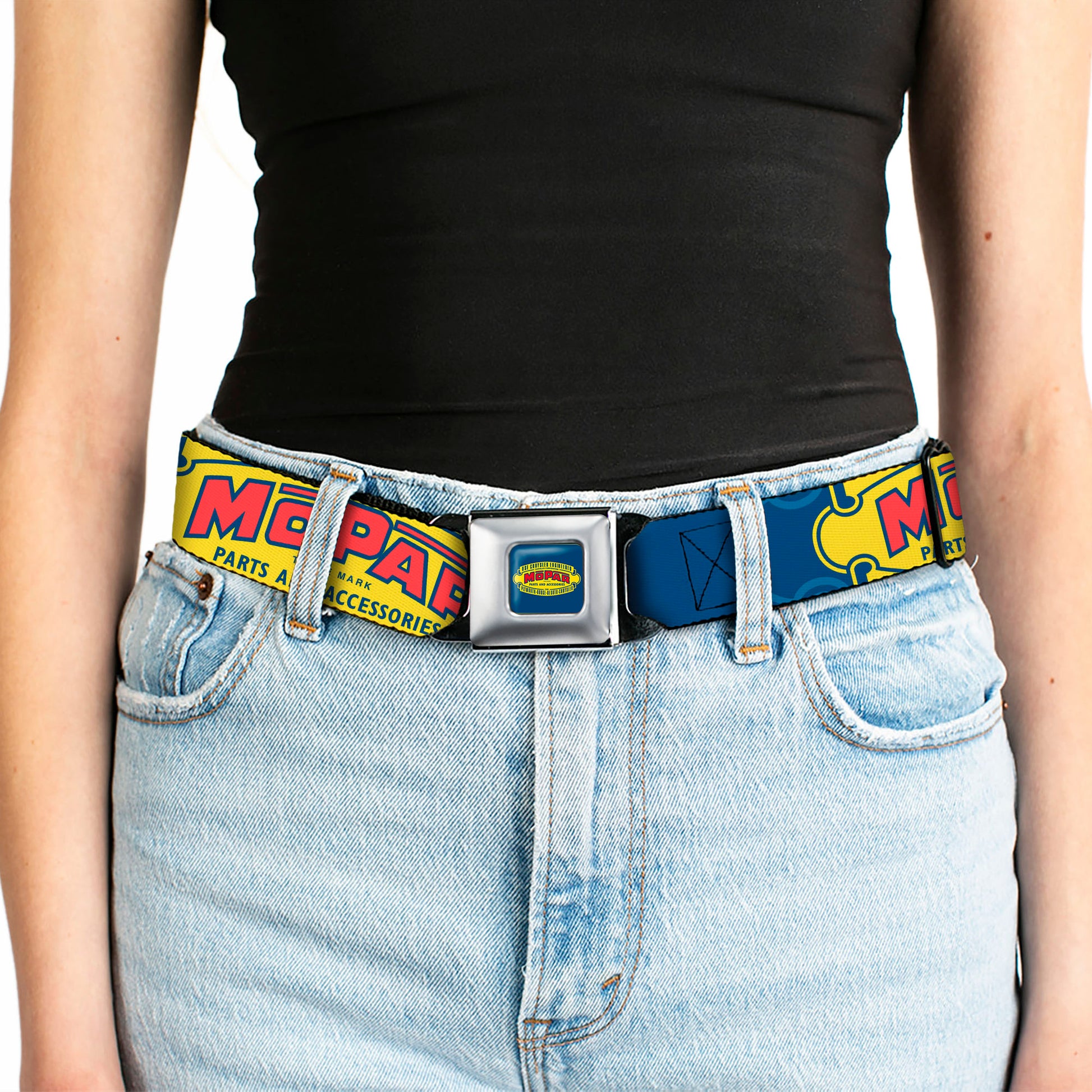 MOPAR 1937-1947 Logo Full Color Blue/Yellow/Red Seatbelt Belt - MOPAR 1937-1947 Logo-USE CHRYSLER ENGINEERED MOPAR PARTS AND ACCESSORIES Blue/Yellow/Red Webbing Seatbelt Belts Mopar