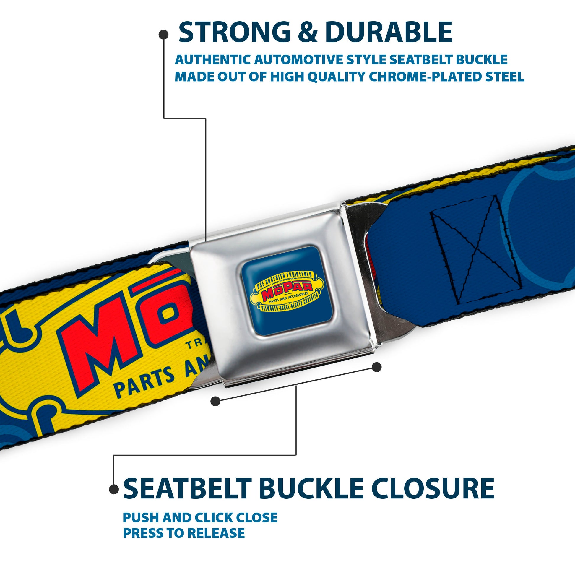 MOPAR 1937-1947 Logo Full Color Blue/Yellow/Red Seatbelt Belt - MOPAR 1937-1947 Logo-USE CHRYSLER ENGINEERED MOPAR PARTS AND ACCESSORIES Blue/Yellow/Red Webbing Seatbelt Belts Mopar