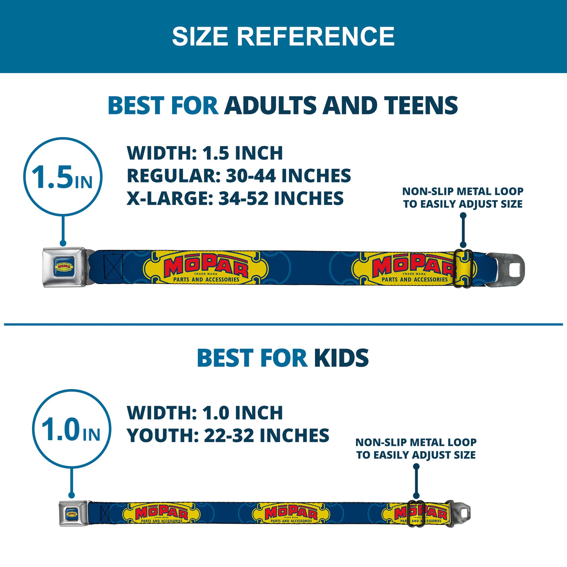 MOPAR 1937-1947 Logo Full Color Blue/Yellow/Red Seatbelt Belt - MOPAR 1937-1947 Logo-USE CHRYSLER ENGINEERED MOPAR PARTS AND ACCESSORIES Blue/Yellow/Red Webbing Seatbelt Belts Mopar