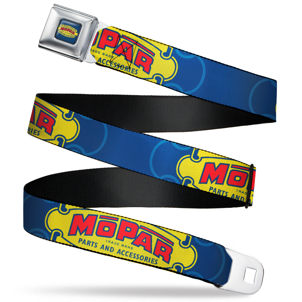 MOPAR 1937-1947 Logo Full Color Blue/Yellow/Red Seatbelt Belt - MOPAR 1937-1947 Logo-USE CHRYSLER ENGINEERED MOPAR PARTS AND ACCESSORIES Blue/Yellow/Red Webbing Seatbelt Belts Mopar