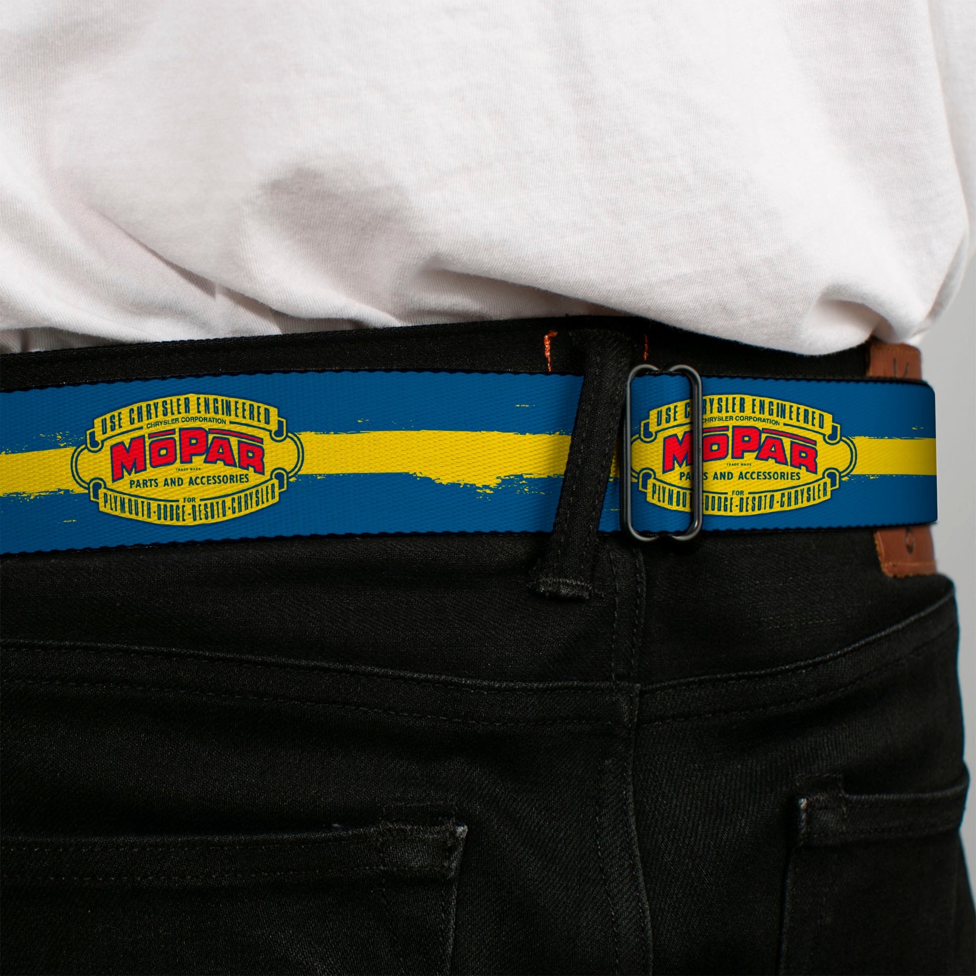 MOPAR 1937-1947 Logo Full Color Blue Yellow Red Seatbelt Belt - MOPAR 1937-1947 Logo-USE CHRYSLER ENGINEERED MOPAR PARTS AND ACCESSORIES/Paint Stripe Blue/Yellow/Red Webbing Seatbelt Belts Mopar