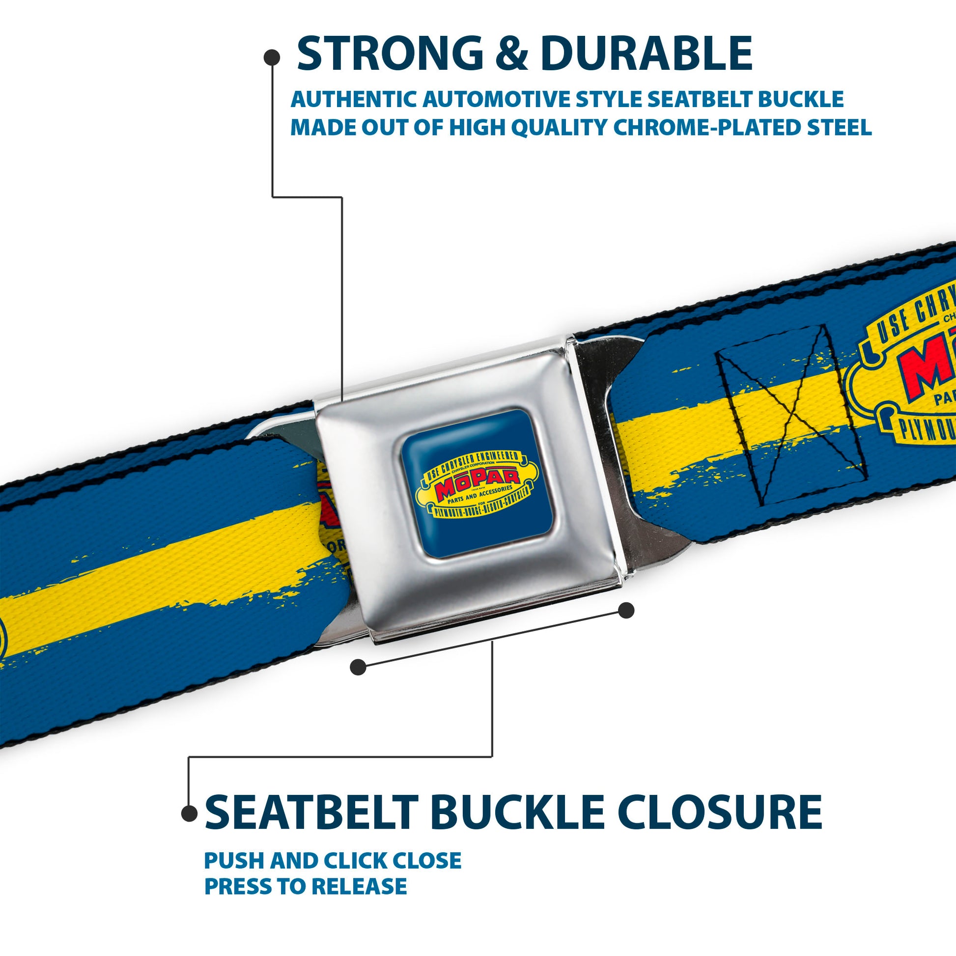 MOPAR 1937-1947 Logo Full Color Blue Yellow Red Seatbelt Belt - MOPAR 1937-1947 Logo-USE CHRYSLER ENGINEERED MOPAR PARTS AND ACCESSORIES/Paint Stripe Blue/Yellow/Red Webbing Seatbelt Belts Mopar