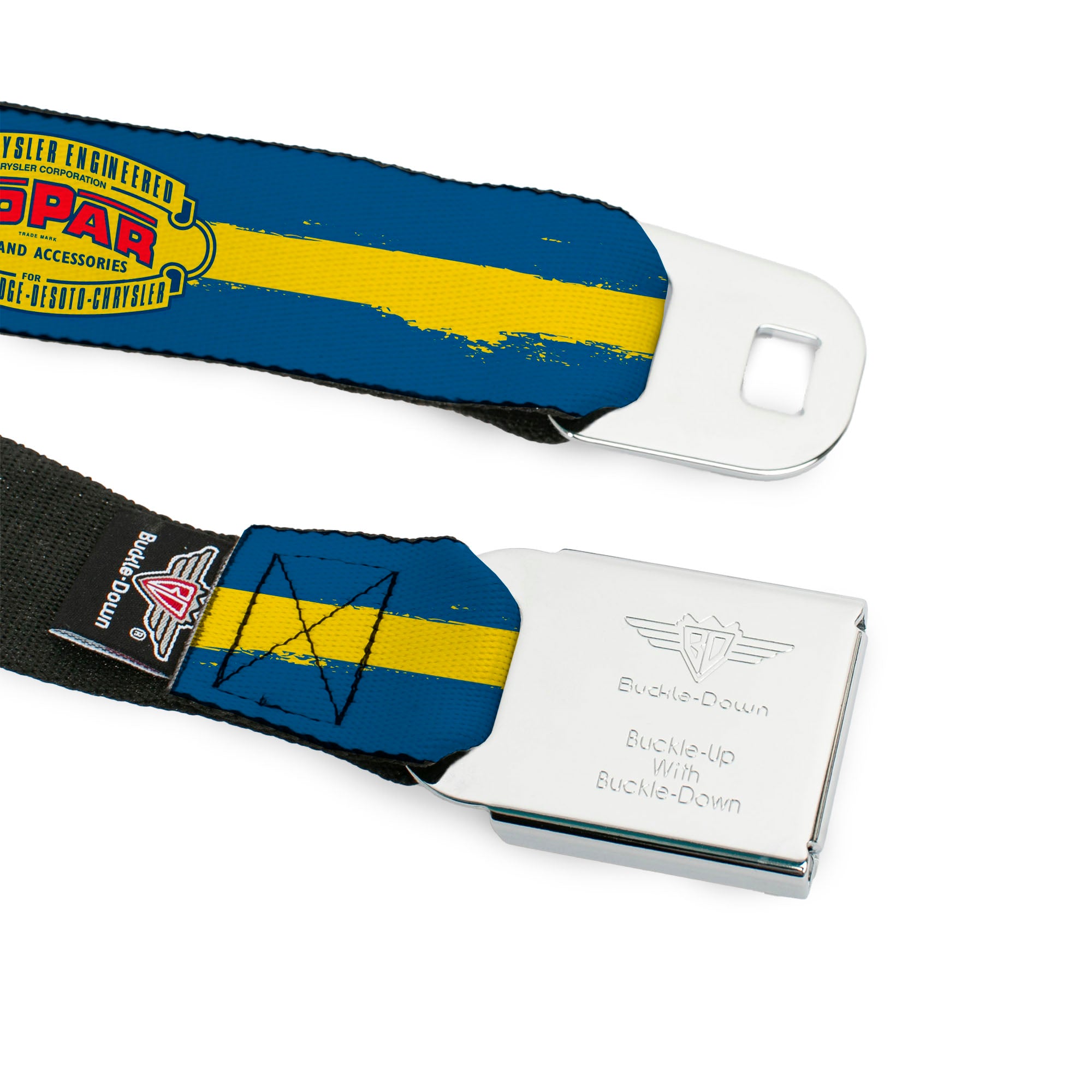 MOPAR 1937-1947 Logo Full Color Blue Yellow Red Seatbelt Belt - MOPAR 1937-1947 Logo-USE CHRYSLER ENGINEERED MOPAR PARTS AND ACCESSORIES/Paint Stripe Blue/Yellow/Red Webbing Seatbelt Belts Mopar