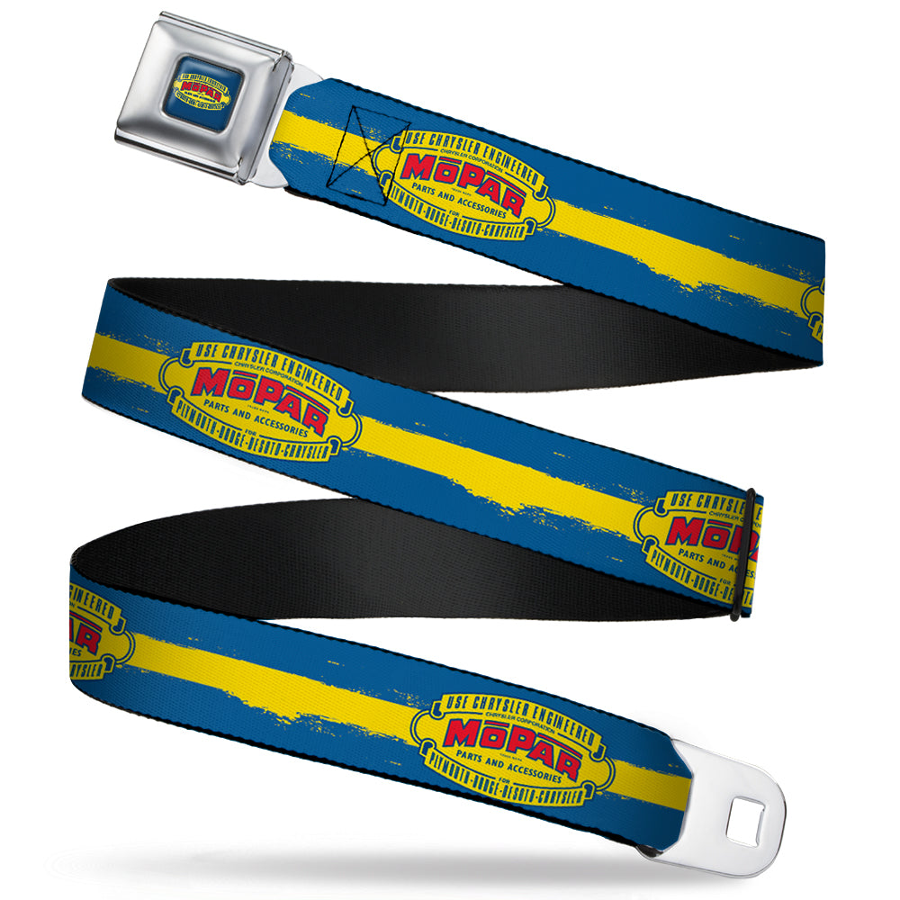 MOPAR 1937-1947 Logo Full Color Blue Yellow Red Seatbelt Belt - MOPAR 1937-1947 Logo-USE CHRYSLER ENGINEERED MOPAR PARTS AND ACCESSORIES/Paint Stripe Blue/Yellow/Red Webbing Seatbelt Belts Mopar