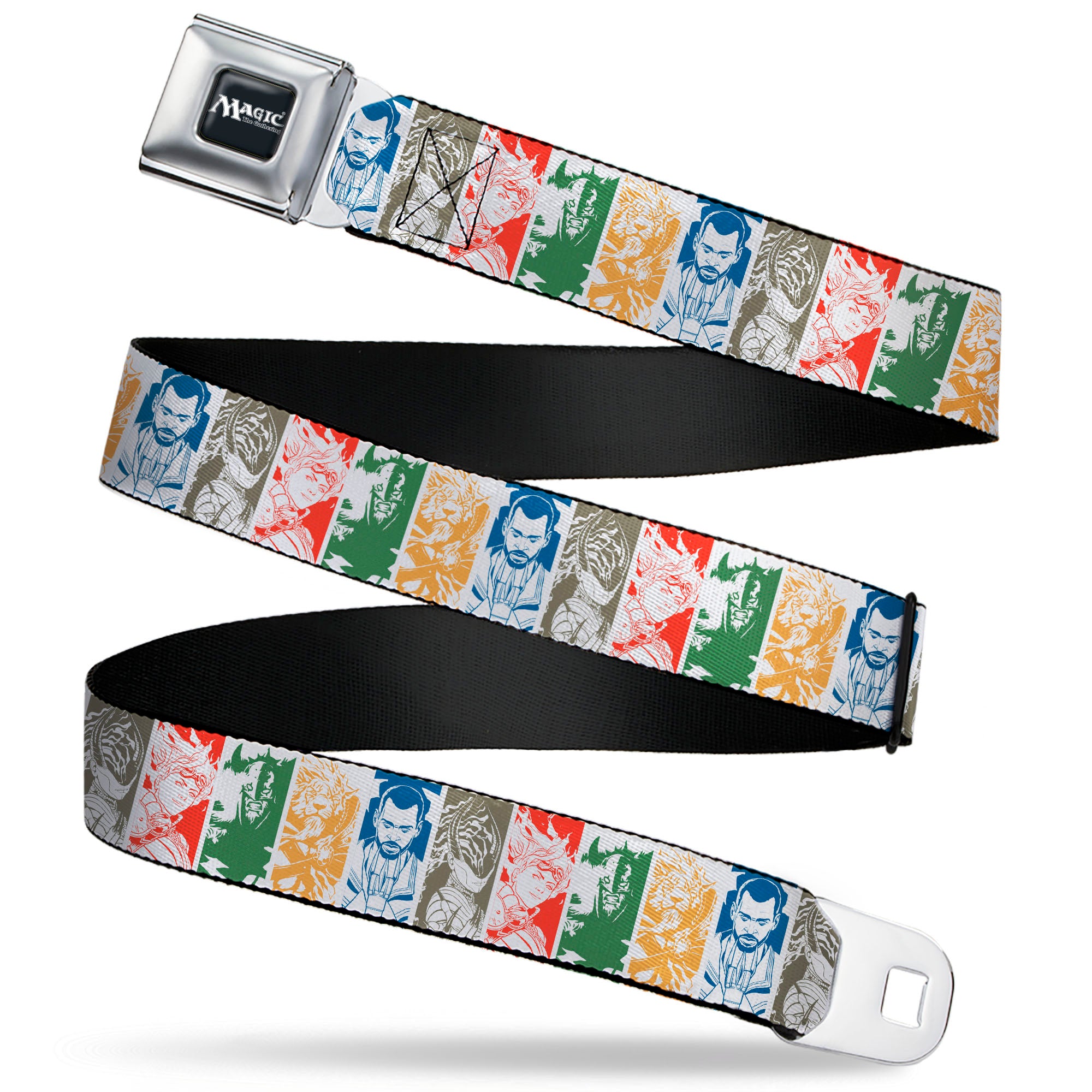 MAGIC THE GATHERING Title Logo Full Color Black/White Seatbelt Belt - Magic the Gathering Five Planeswalkers Pose Blocks White/Multi Color Webbing Seatbelt Belts Magic the Gathering