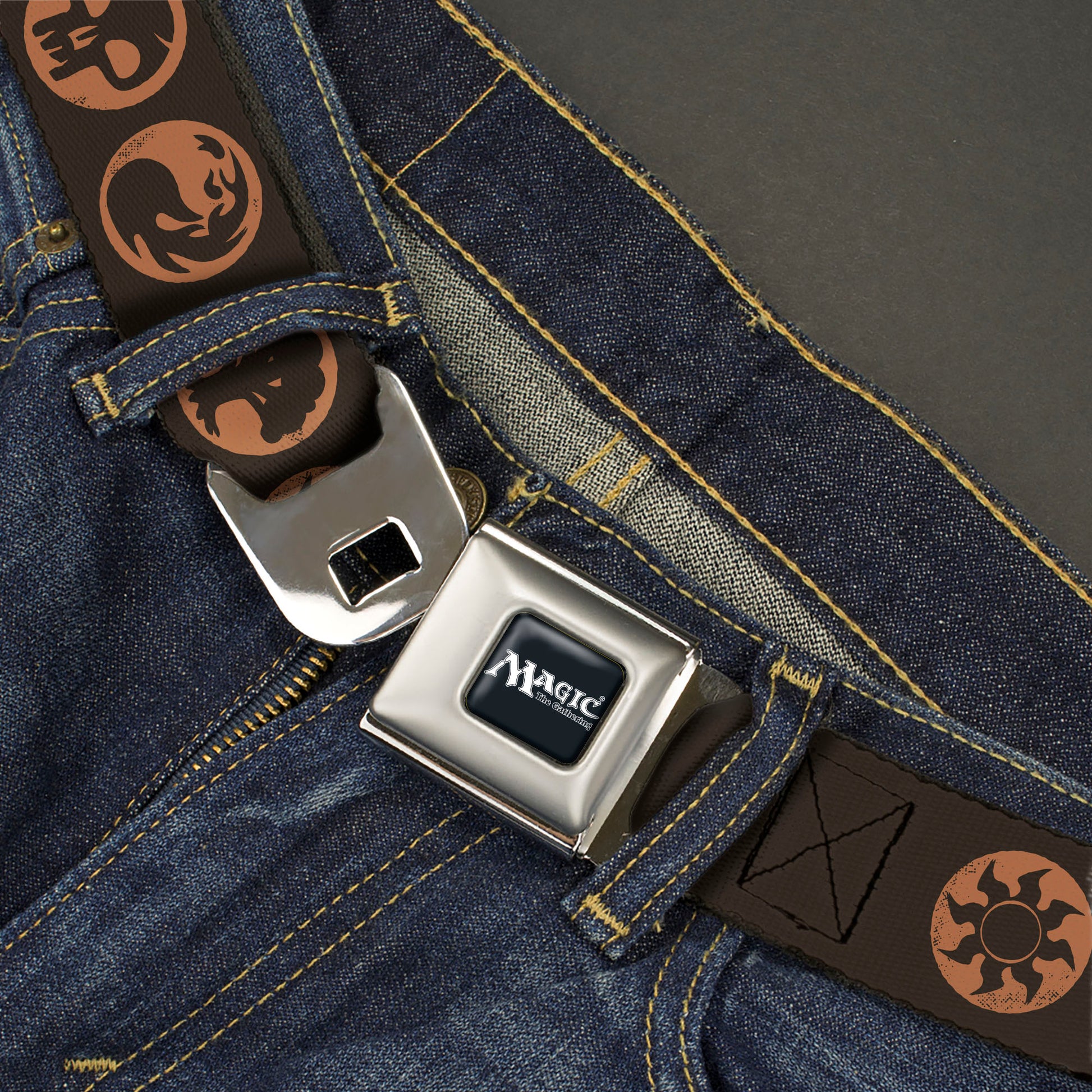 MAGIC THE GATHERING Title Logo Full Color Black/White Seatbelt Belt - Magic the Gathering Five Mana Icon Symbols Brown/Orange Webbing Seatbelt Belts Magic the Gathering