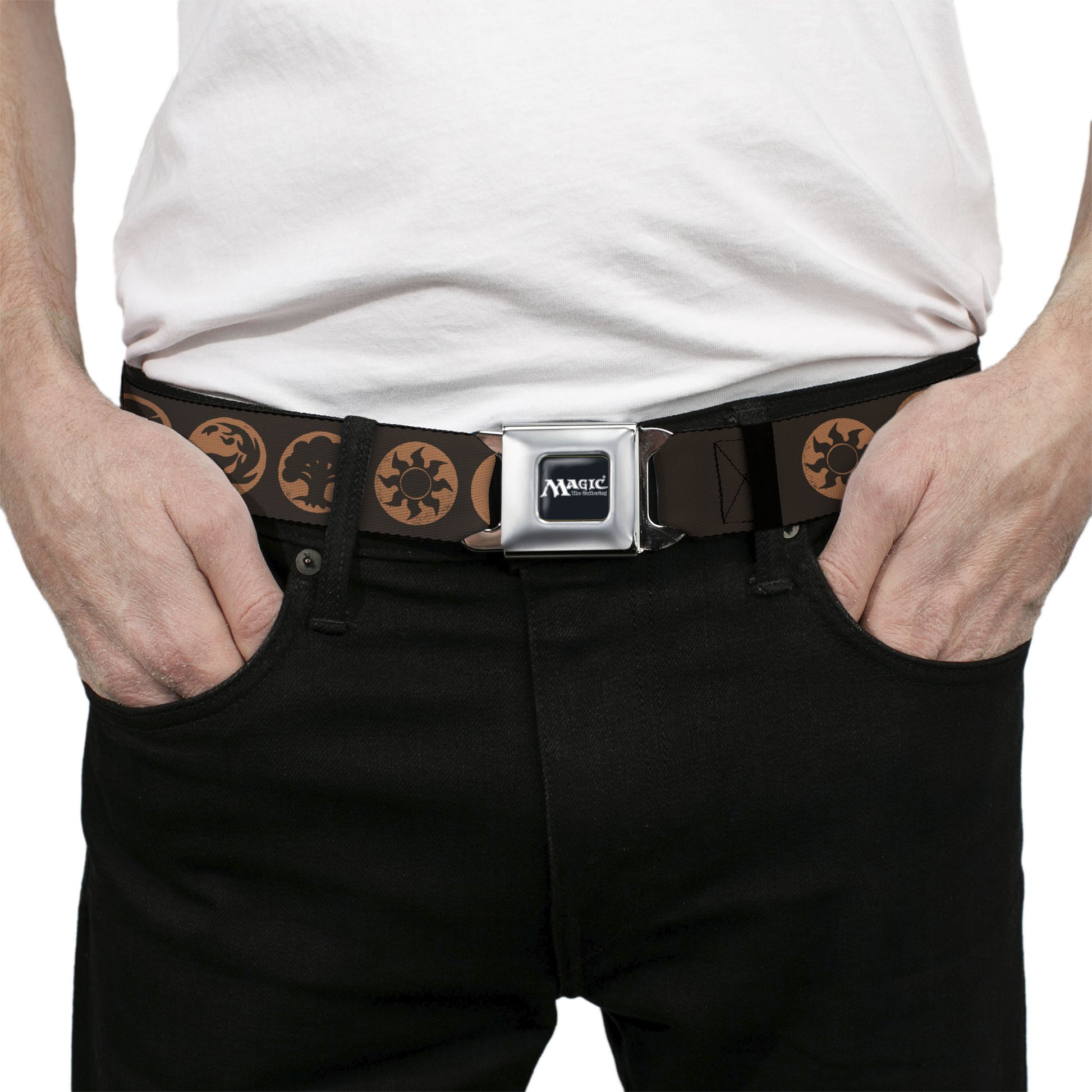 MAGIC THE GATHERING Title Logo Full Color Black/White Seatbelt Belt - Magic the Gathering Five Mana Icon Symbols Brown/Orange Webbing Seatbelt Belts Magic the Gathering
