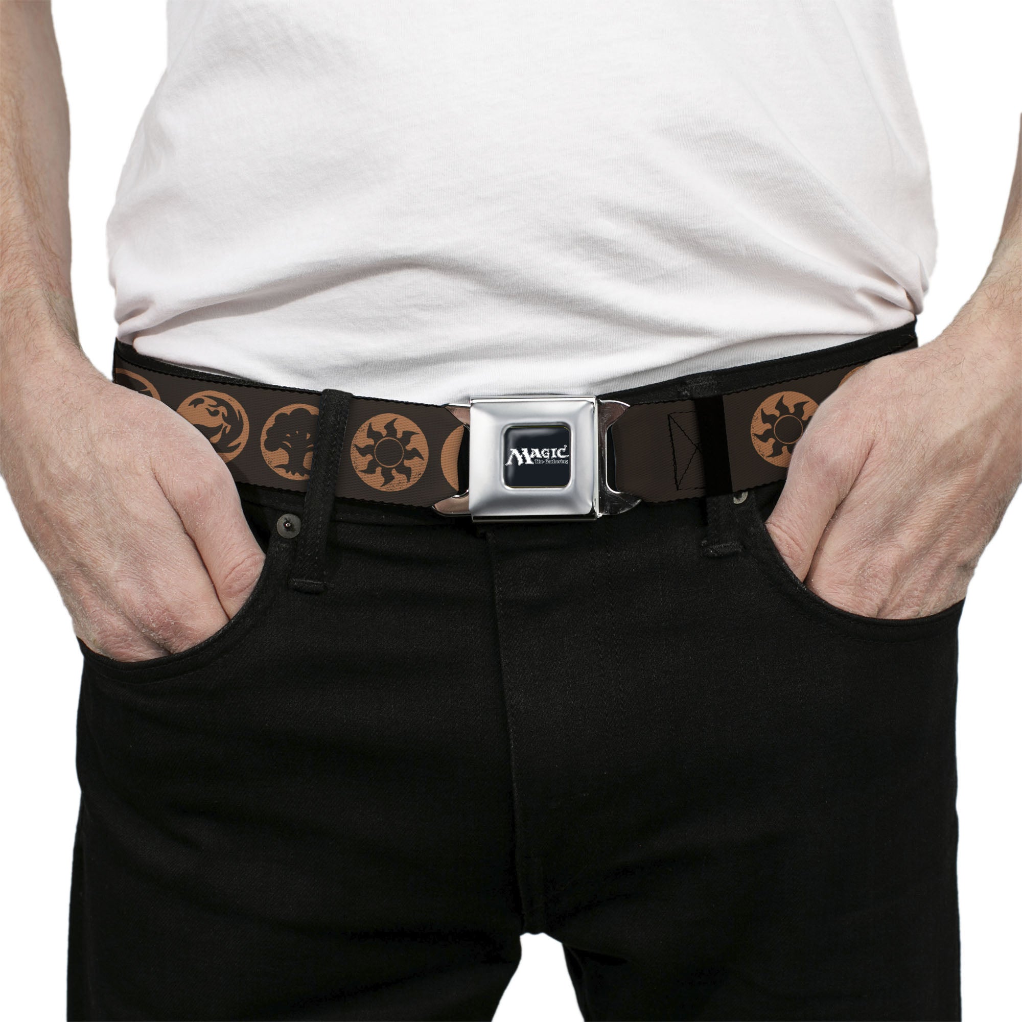 MAGIC THE GATHERING Title Logo Full Color Black/White Seatbelt Belt - Magic the Gathering Five Mana Icon Symbols Brown/Orange Webbing Seatbelt Belts Magic the Gathering