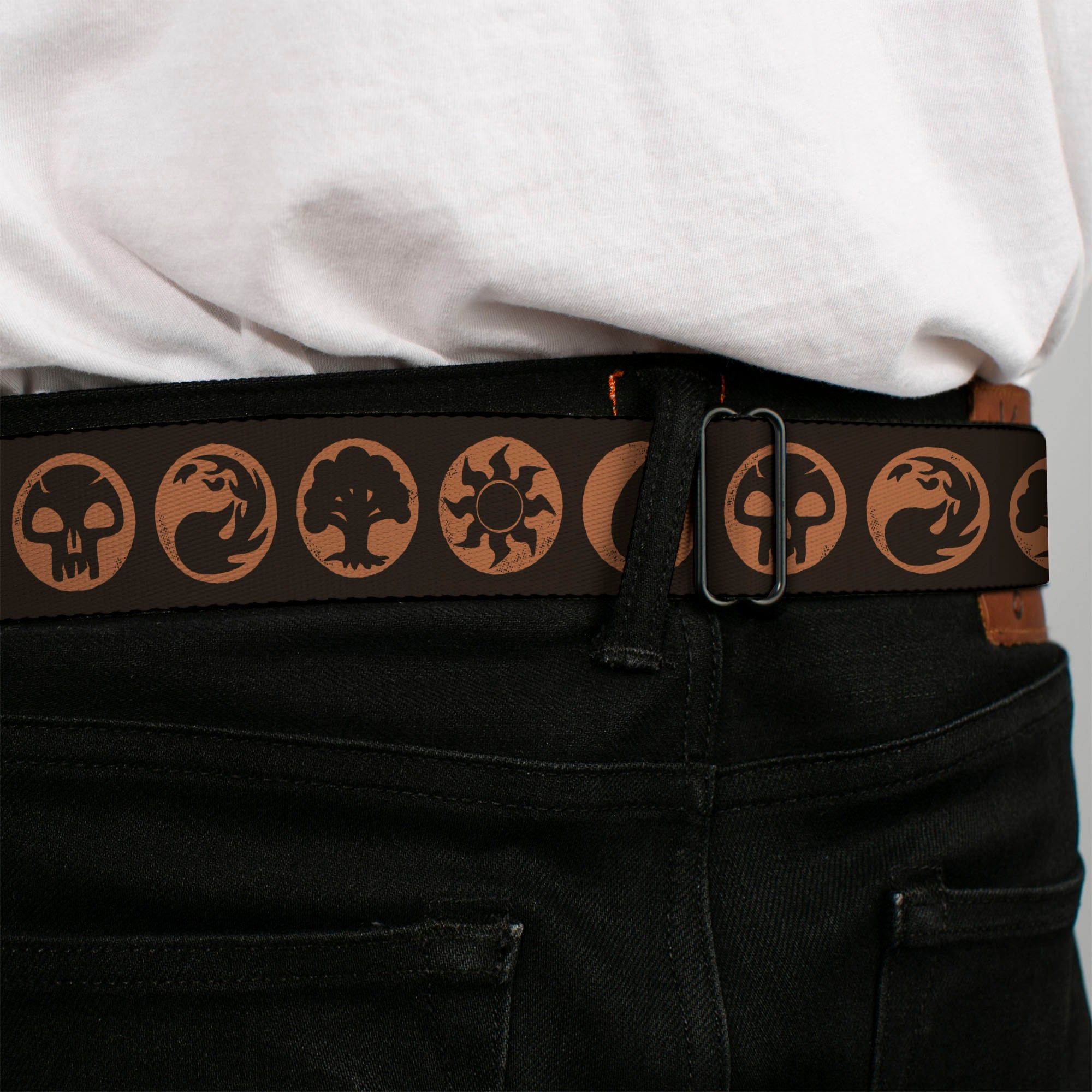 MAGIC THE GATHERING Title Logo Full Color Black/White Seatbelt Belt - Magic the Gathering Five Mana Icon Symbols Brown/Orange Webbing Seatbelt Belts Magic the Gathering