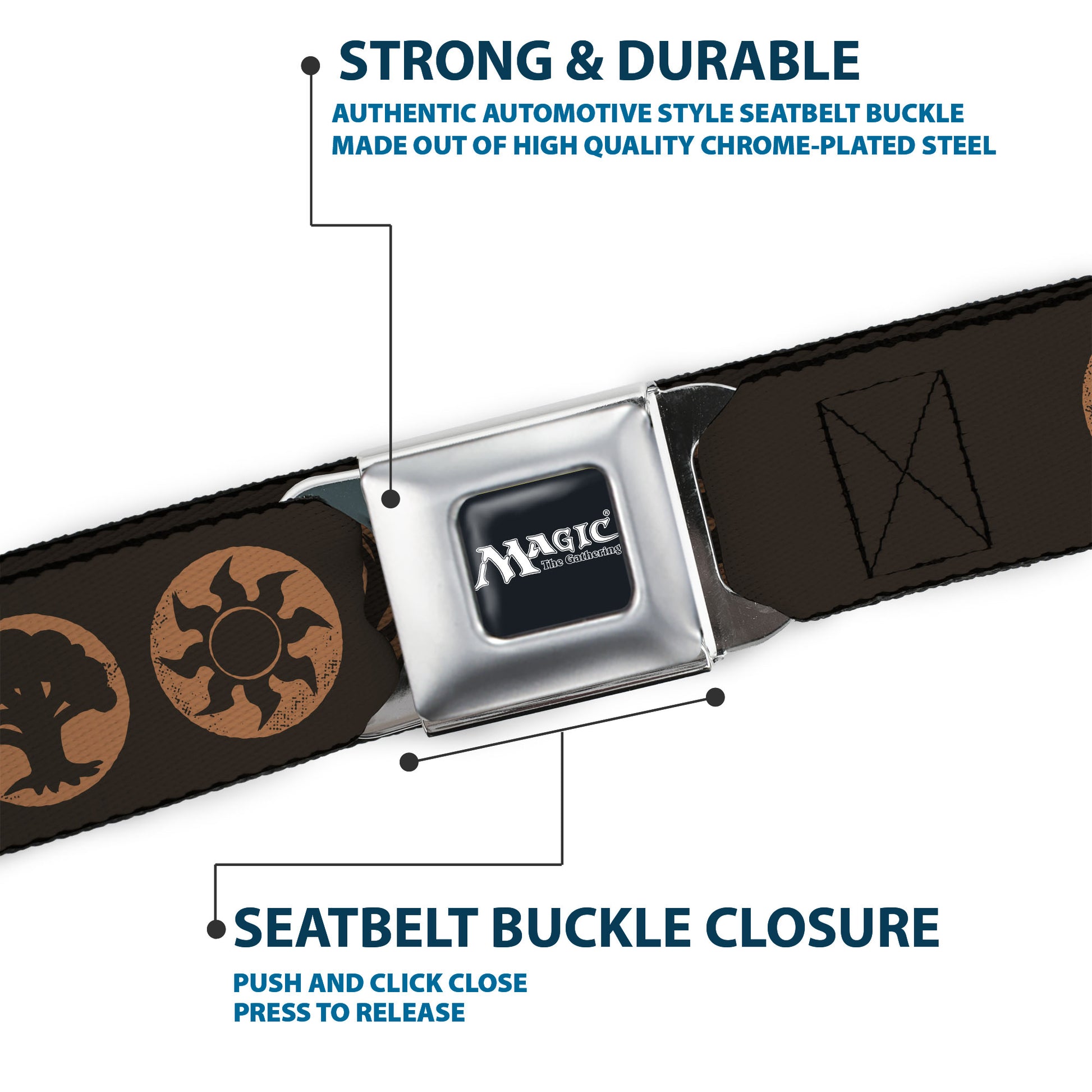 MAGIC THE GATHERING Title Logo Full Color Black/White Seatbelt Belt - Magic the Gathering Five Mana Icon Symbols Brown/Orange Webbing Seatbelt Belts Magic the Gathering