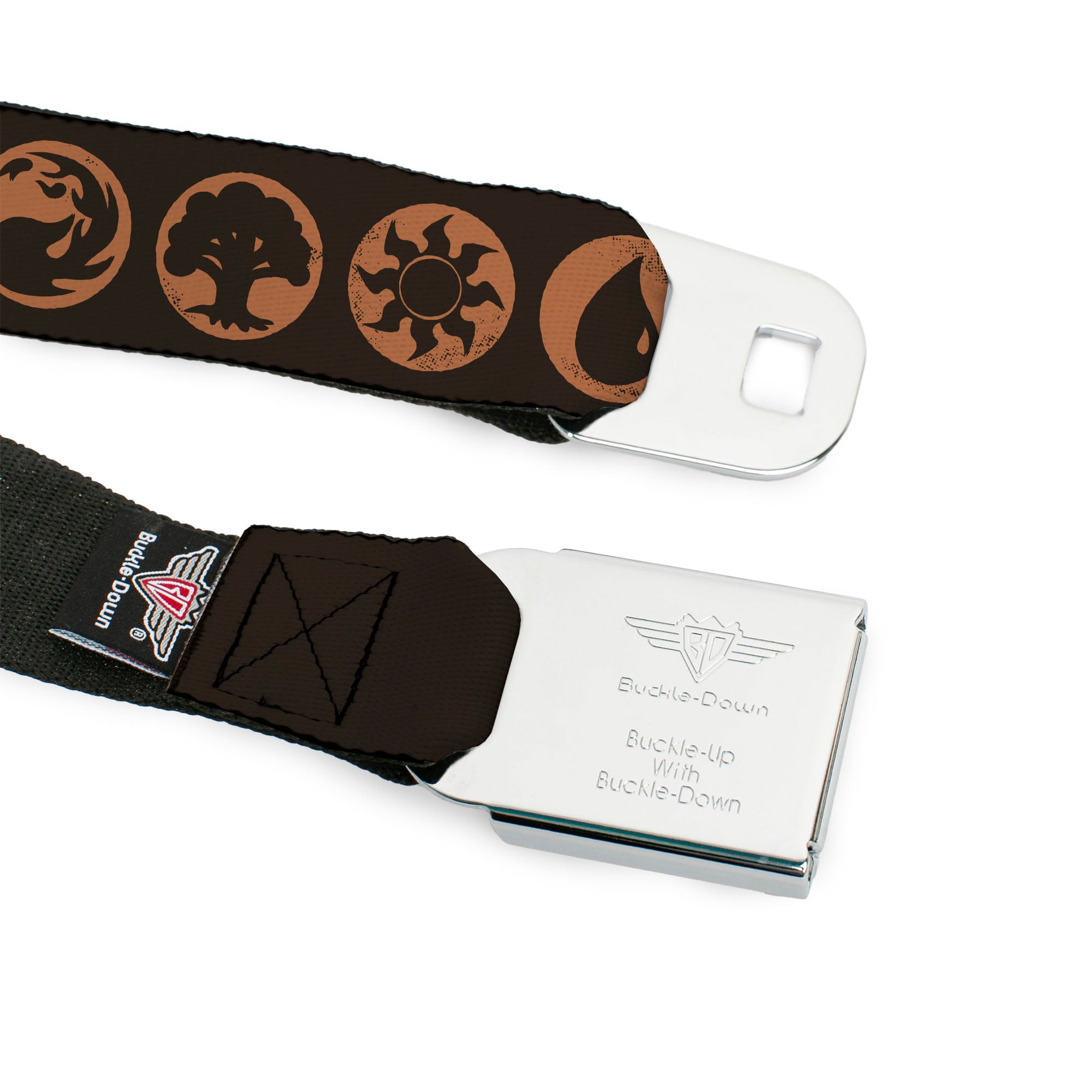 MAGIC THE GATHERING Title Logo Full Color Black/White Seatbelt Belt - Magic the Gathering Five Mana Icon Symbols Brown/Orange Webbing Seatbelt Belts Magic the Gathering