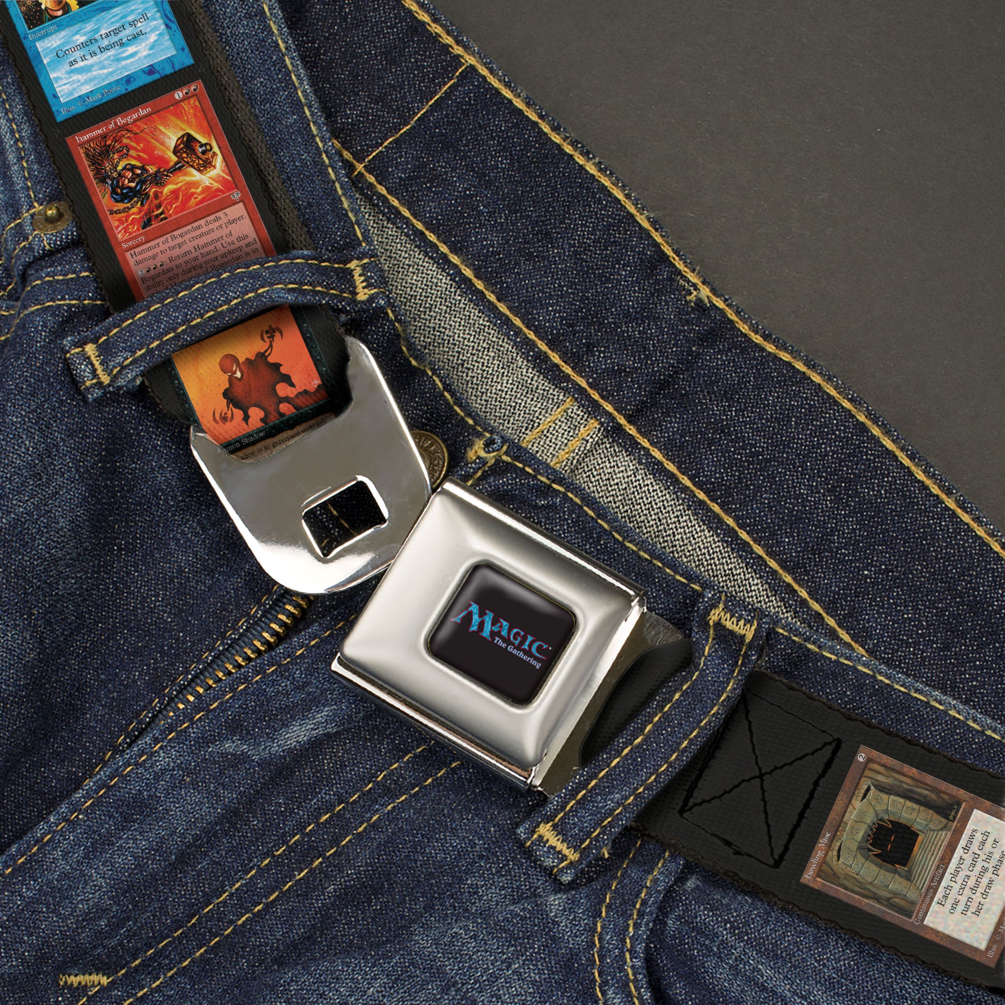 MAGIC THE GATHERING Title Logo Full Color Black Seatbelt Belt - Magic the Gathering Four Retro Card Blocks Webbing Seatbelt Belts Magic the Gathering