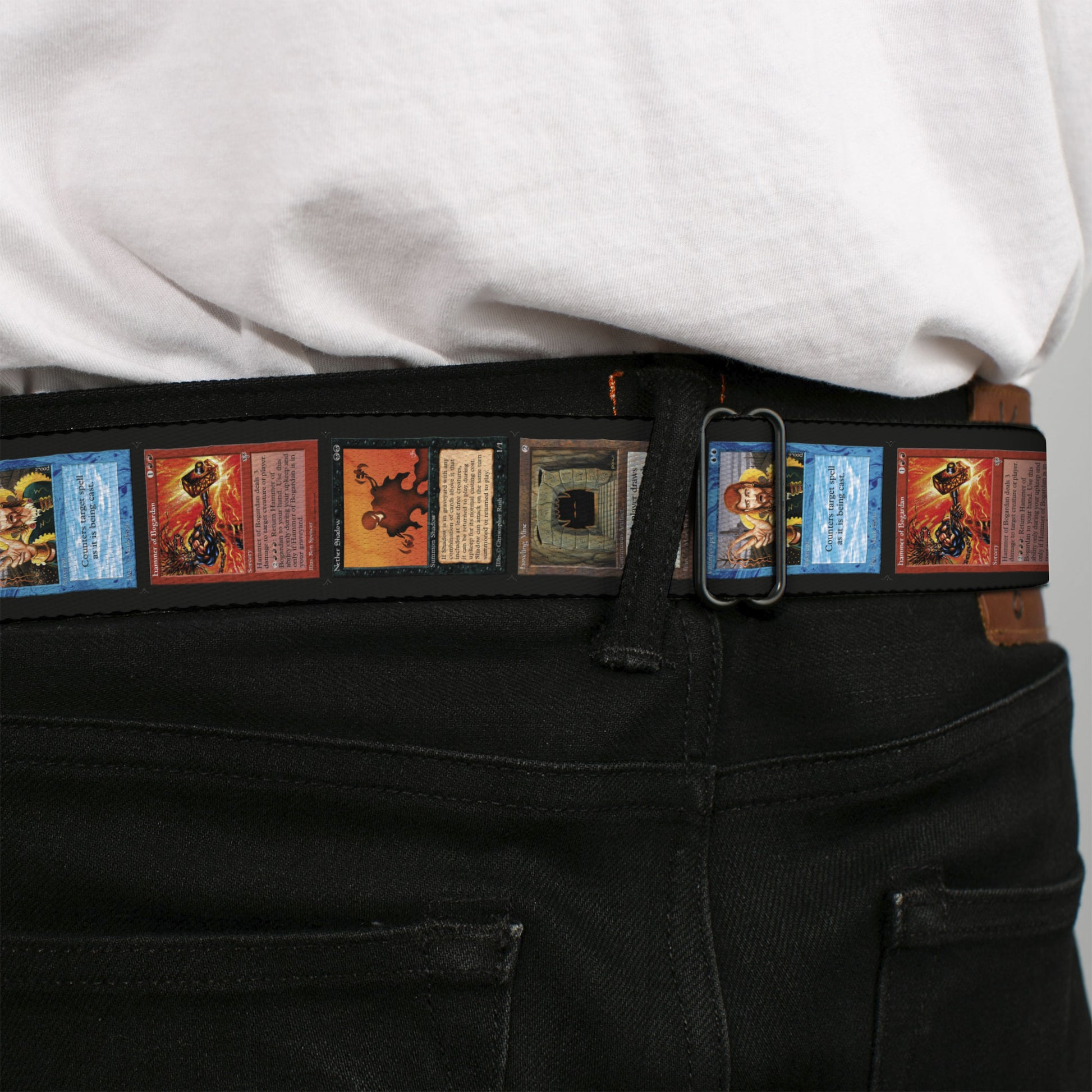 MAGIC THE GATHERING Title Logo Full Color Black Seatbelt Belt - Magic the Gathering Four Retro Card Blocks Webbing Seatbelt Belts Magic the Gathering