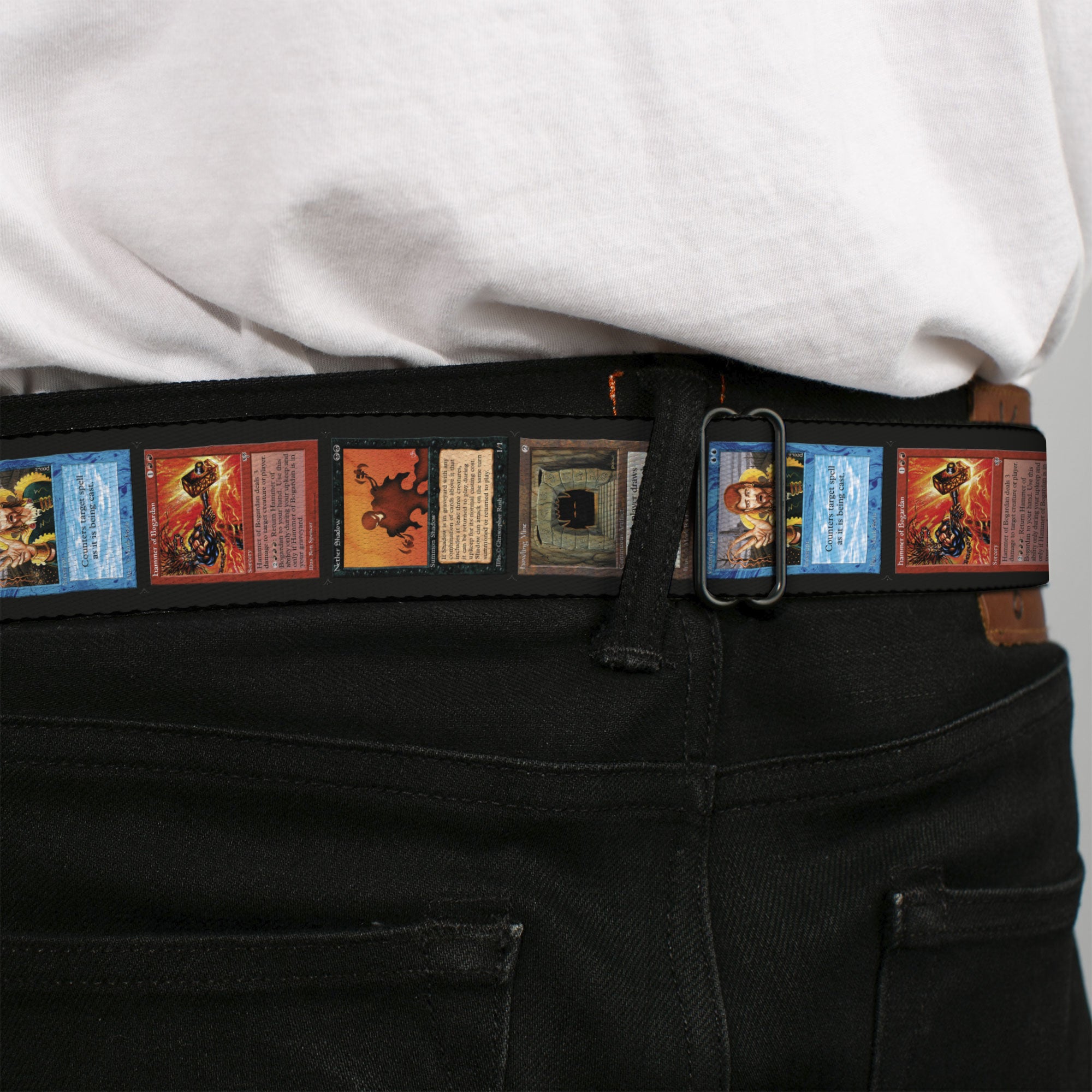 MAGIC THE GATHERING Title Logo Full Color Black Seatbelt Belt - Magic the Gathering Four Retro Card Blocks Webbing Seatbelt Belts Magic the Gathering