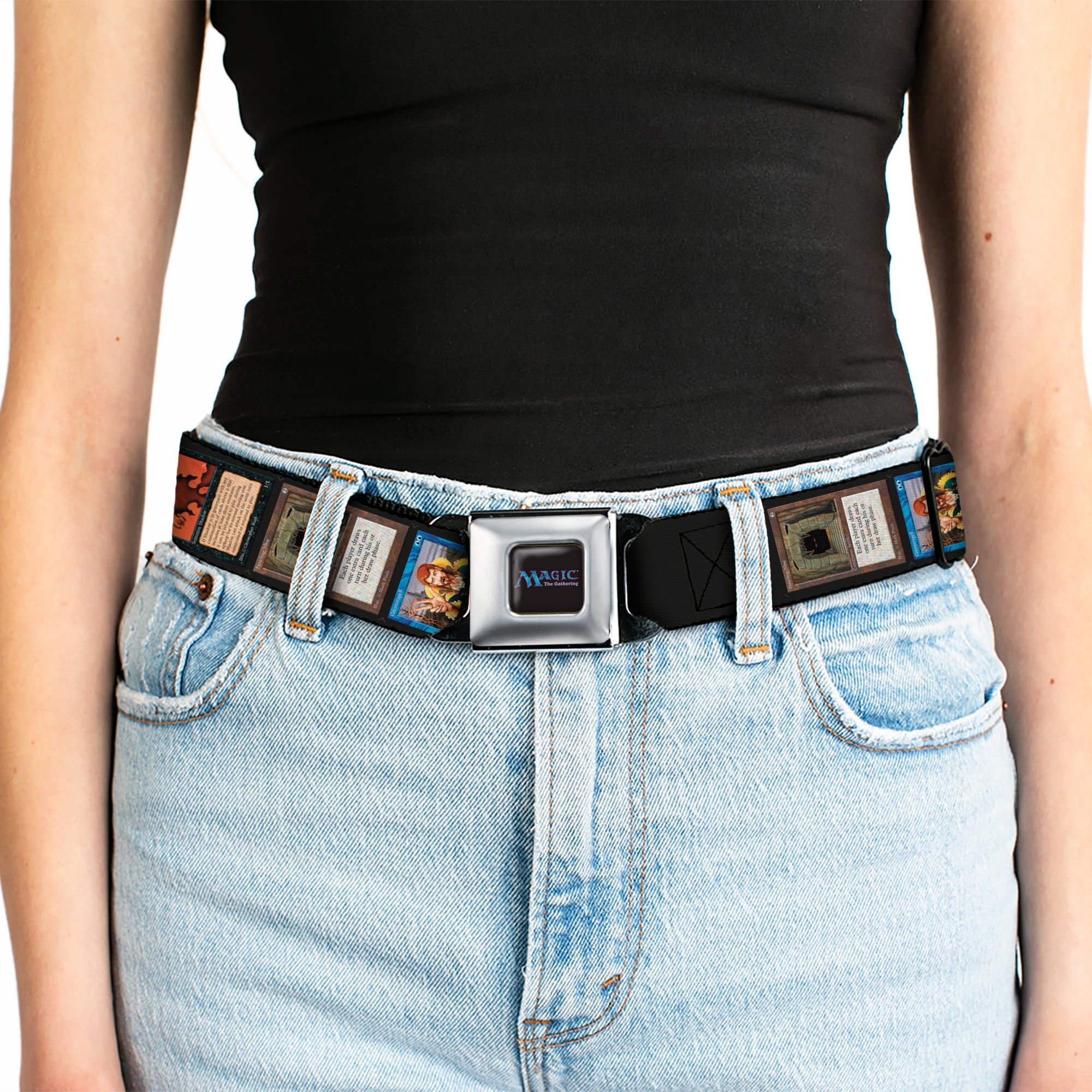 MAGIC THE GATHERING Title Logo Full Color Black Seatbelt Belt - Magic the Gathering Four Retro Card Blocks Webbing Seatbelt Belts Magic the Gathering