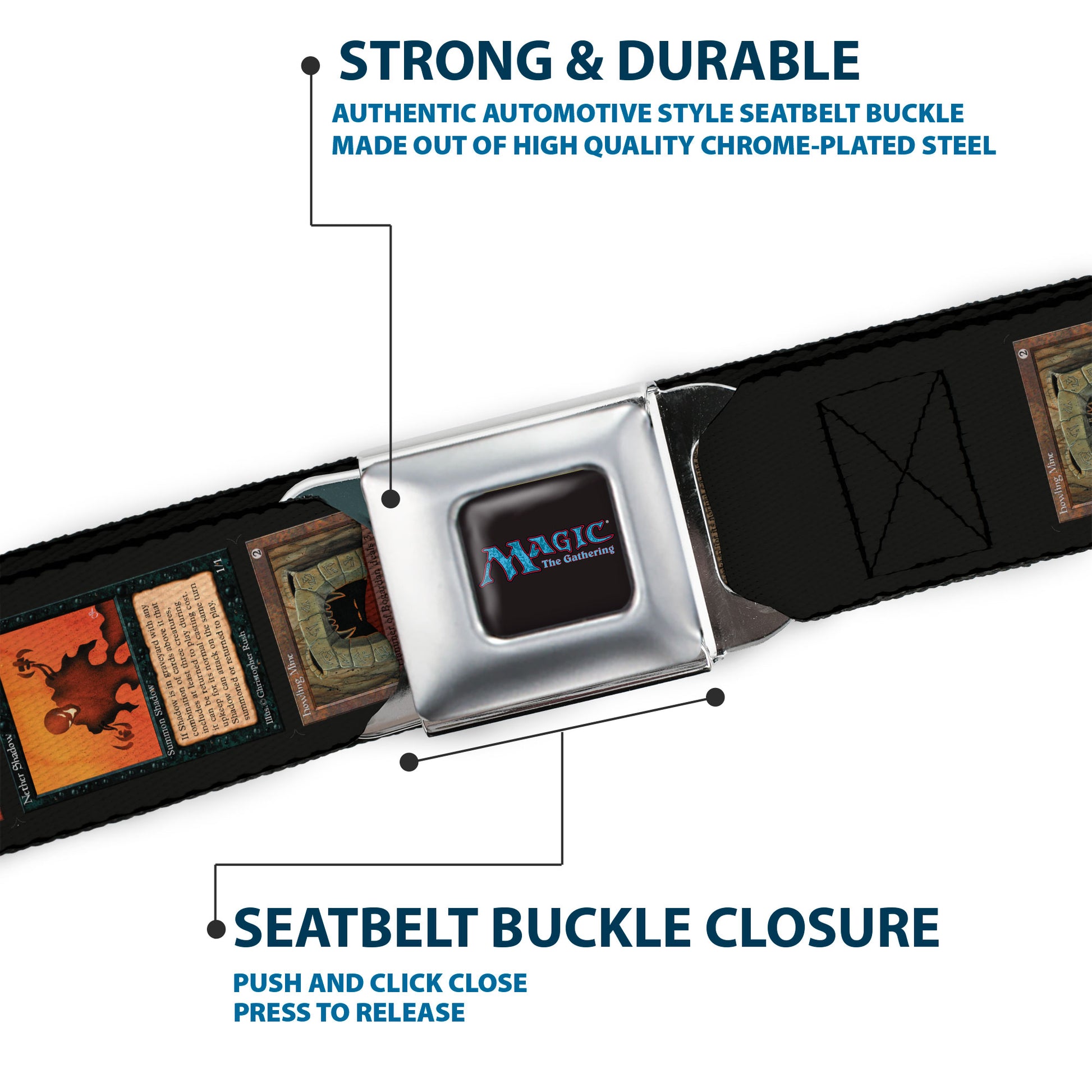 MAGIC THE GATHERING Title Logo Full Color Black Seatbelt Belt - Magic the Gathering Four Retro Card Blocks Webbing Seatbelt Belts Magic the Gathering